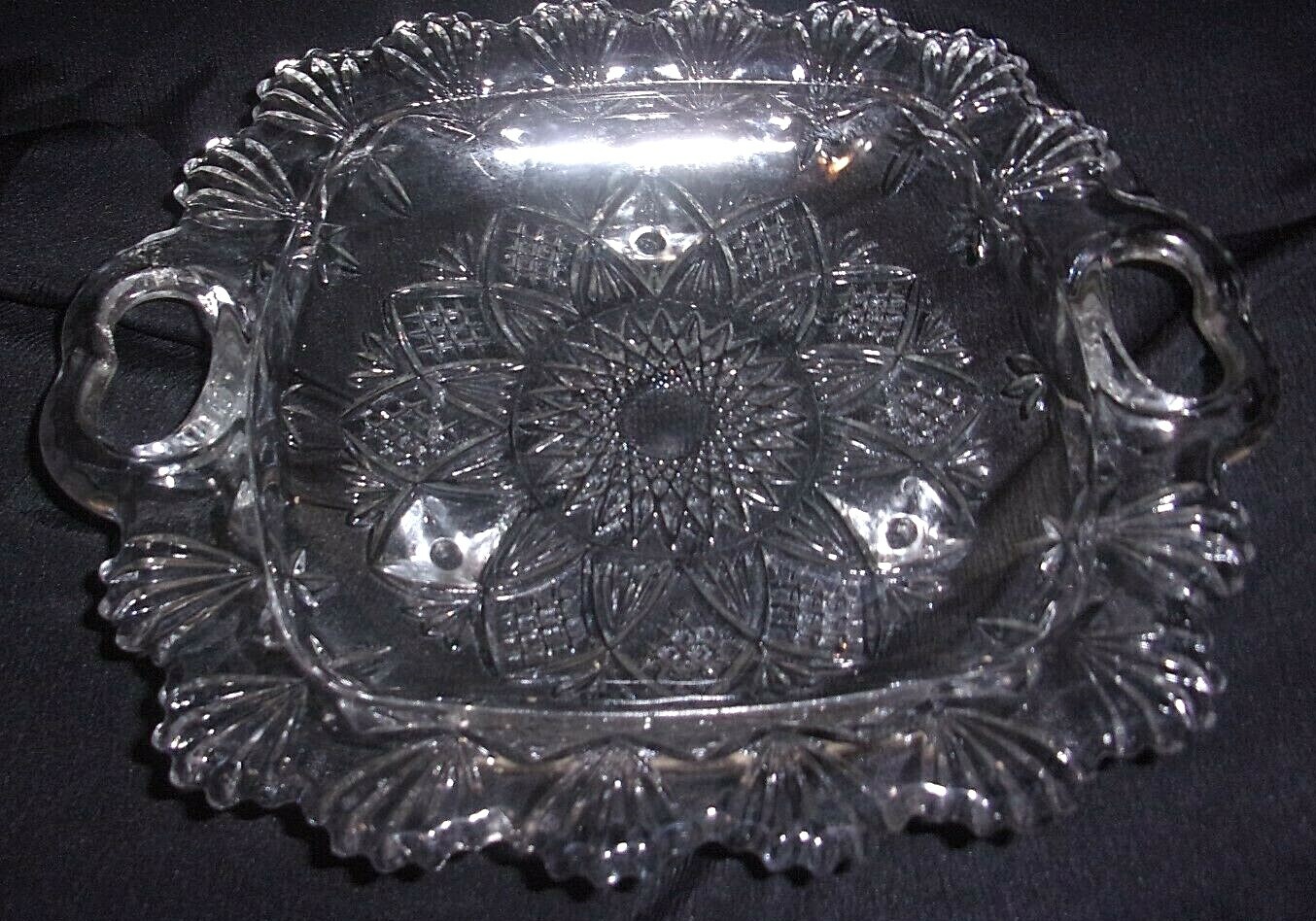 Antique 1919 AMB Period Square Cut Glass 3-Footed 10″ Bowl-Heart Handles-EUC