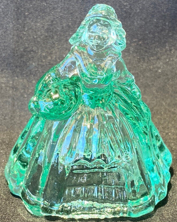 Green Vaseline uranium glass girl doll candy container woman Elizabeth Blue glow