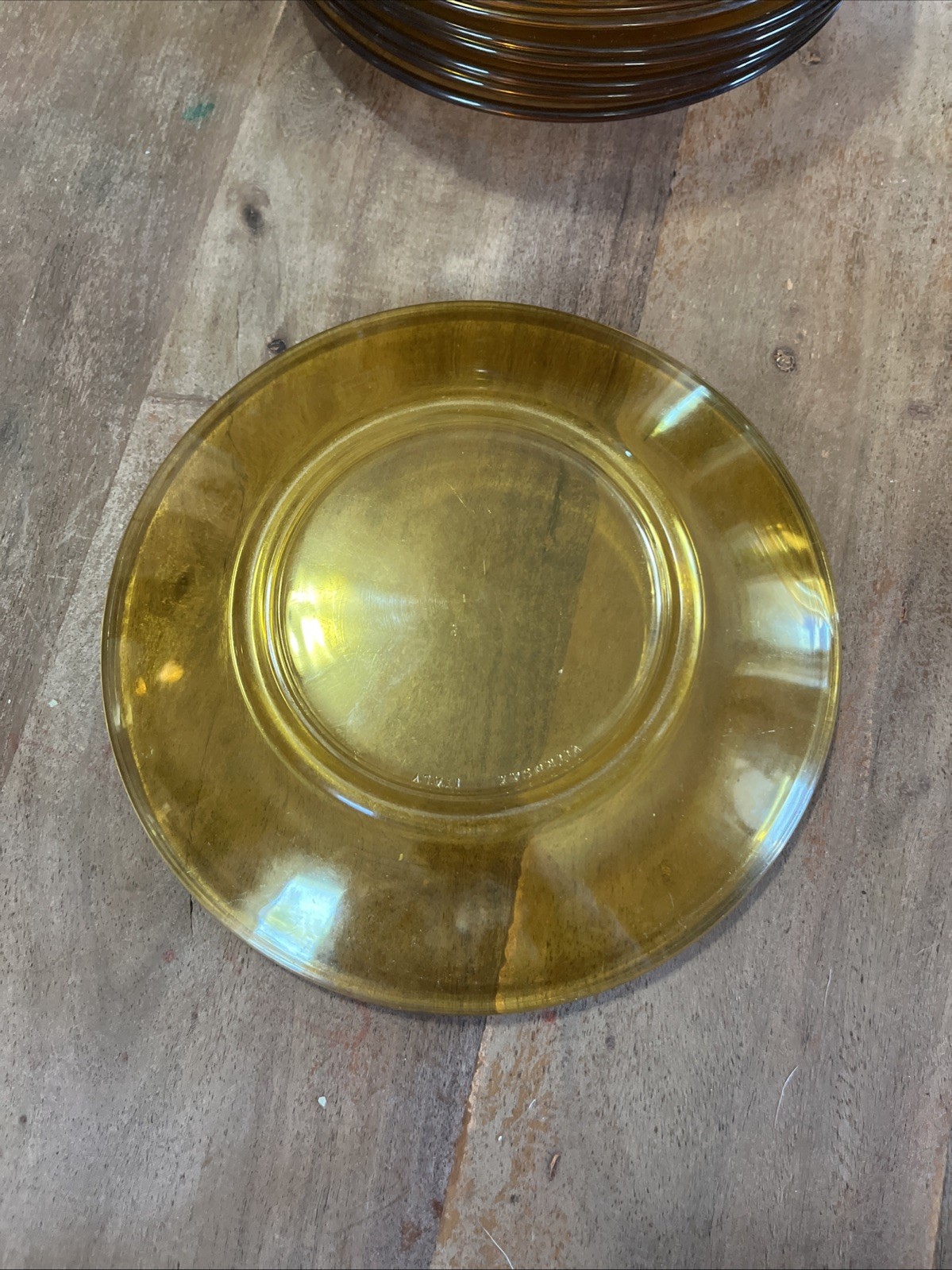 Vintage 1970’s Vitrosax Italy Amber Glass 7.25” Dinner Plates Set of 10