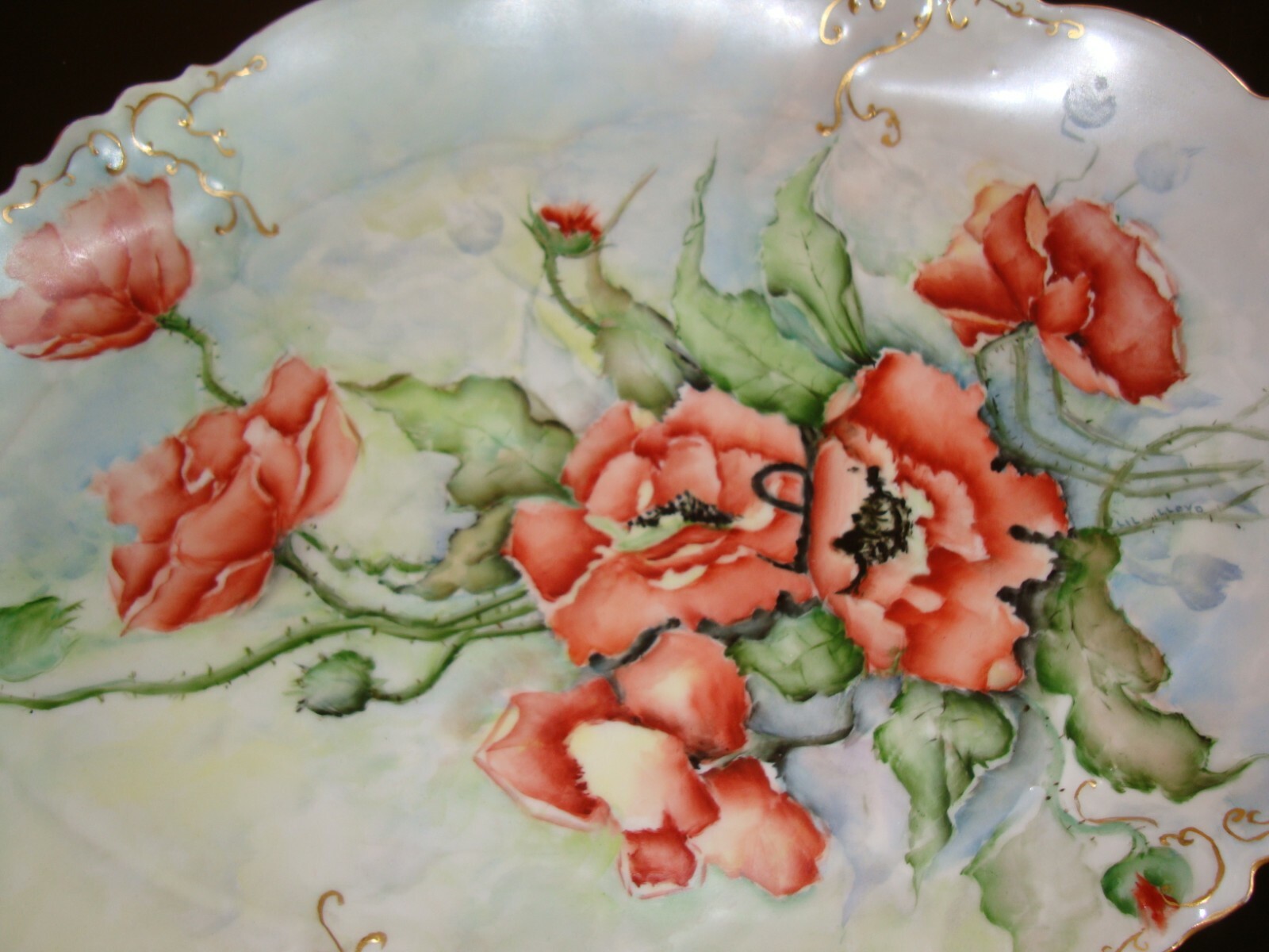 ANTIQUE AUSTRIA HAND PAINTED LARGE 15″ SERVING PLATE, PLATTER, POPPIES