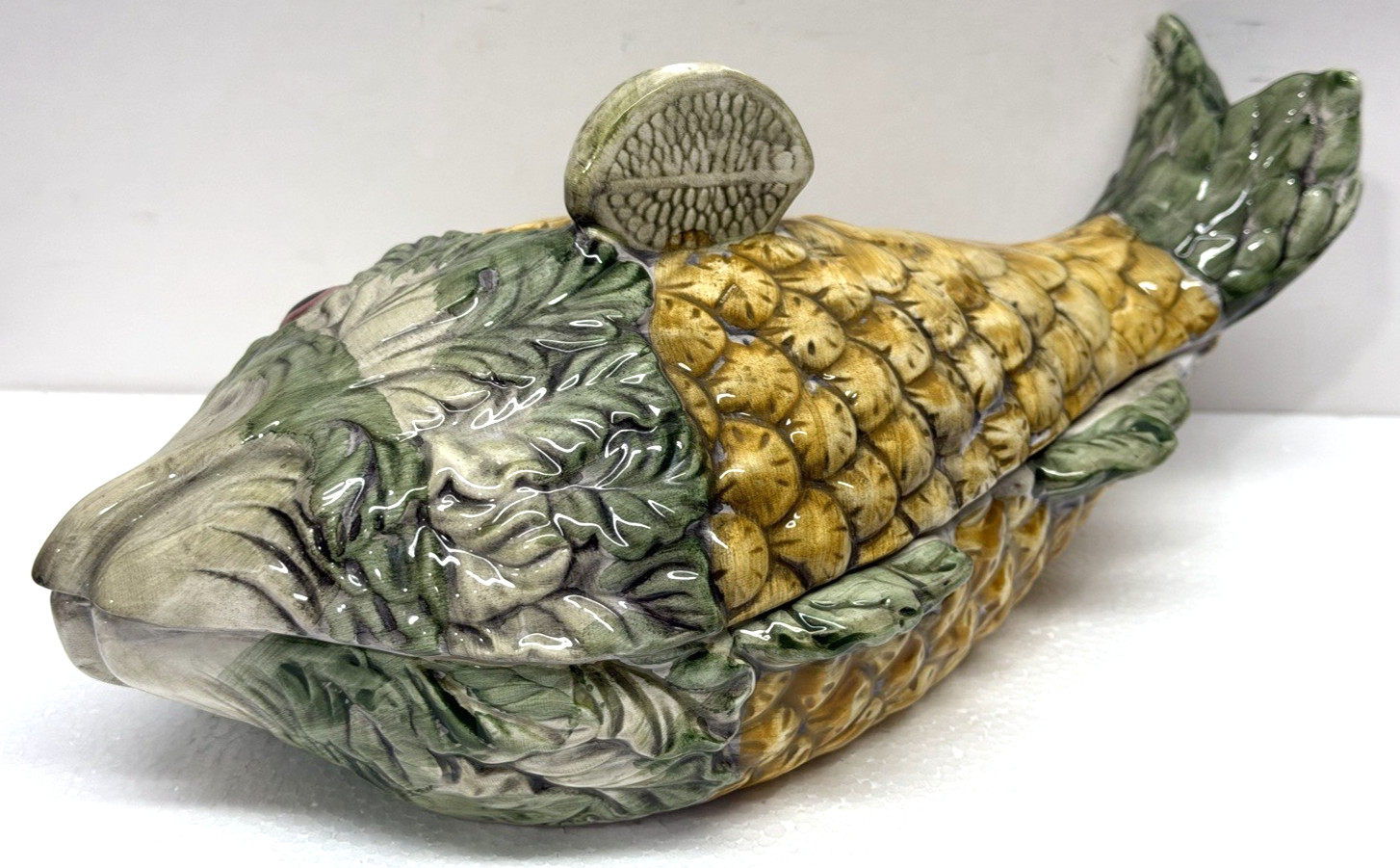Vintage 1993 Hand Painted Ceramic Fish Tureen Serving Dish Butter Bowl Taiwan