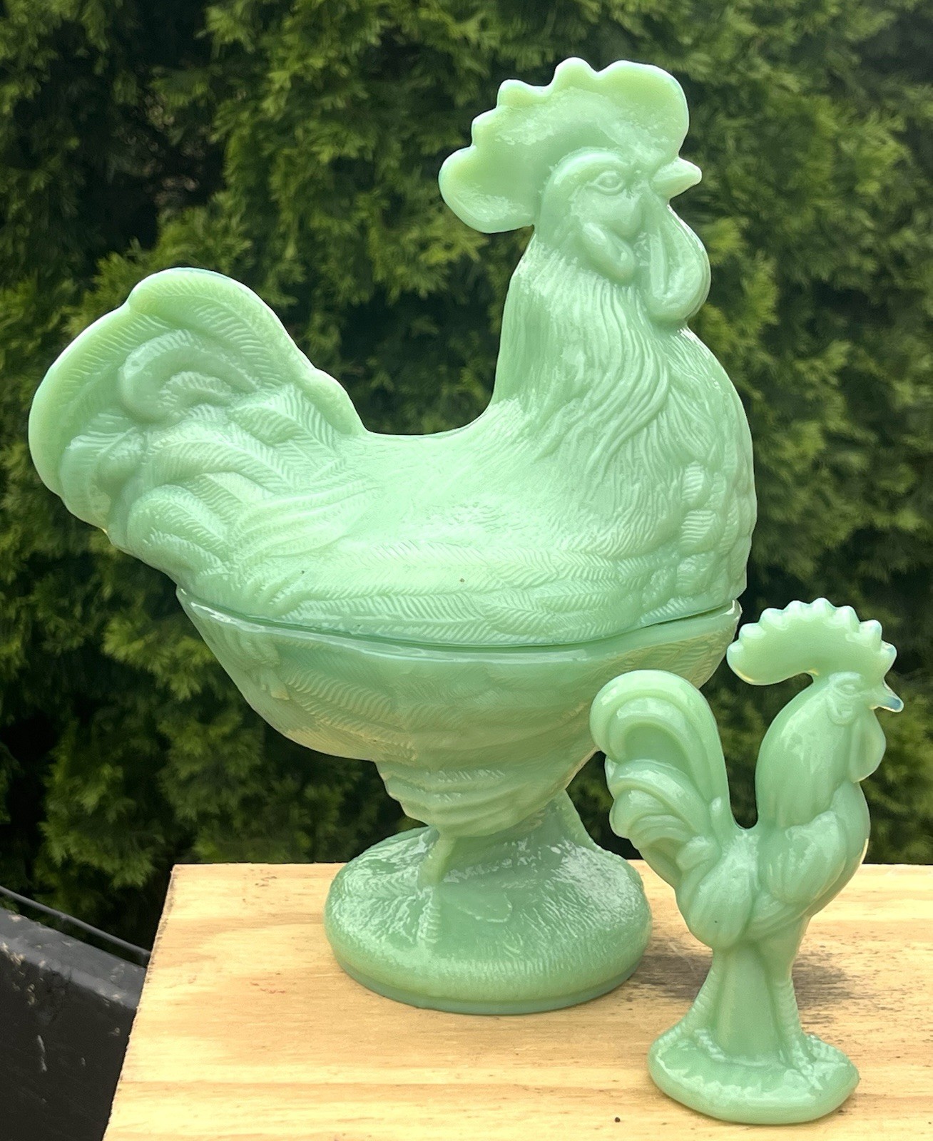 Large Jadeite GLASS Rooster Covered Dish on Pedestal & Small Jadeite Rooster