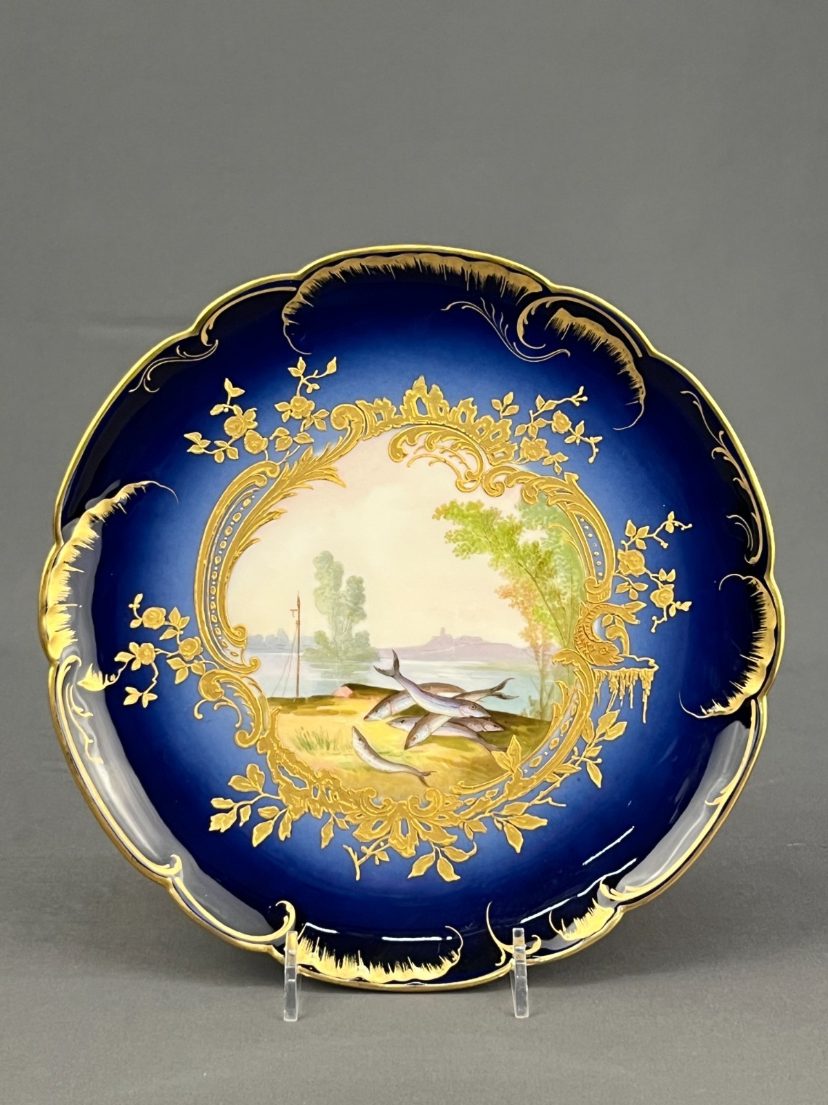 5 Haviland & Co. Hand-Painted 8 ½” Bleu de Four Gilt Fish Plates c. 1876-1899