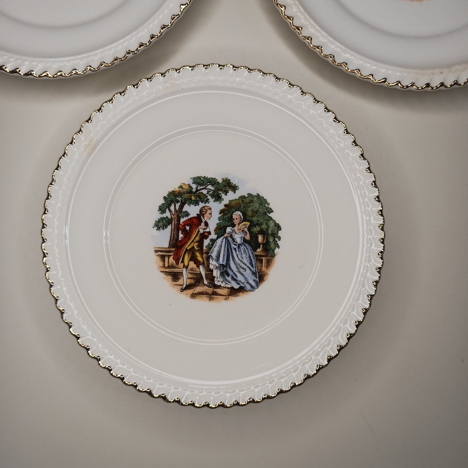 Vintage Harker Pottery Set of 3 Plate 6 1/4” 22 KT. Gold Colonial Couple White