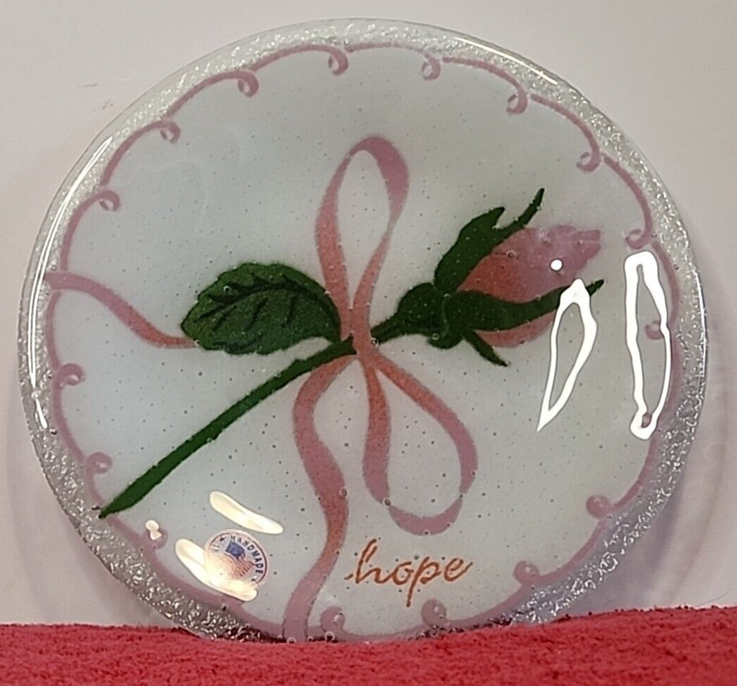 Peggy Karr 8″ Breast Cancer Hope Round Plate Fused Art glass Signed 2003