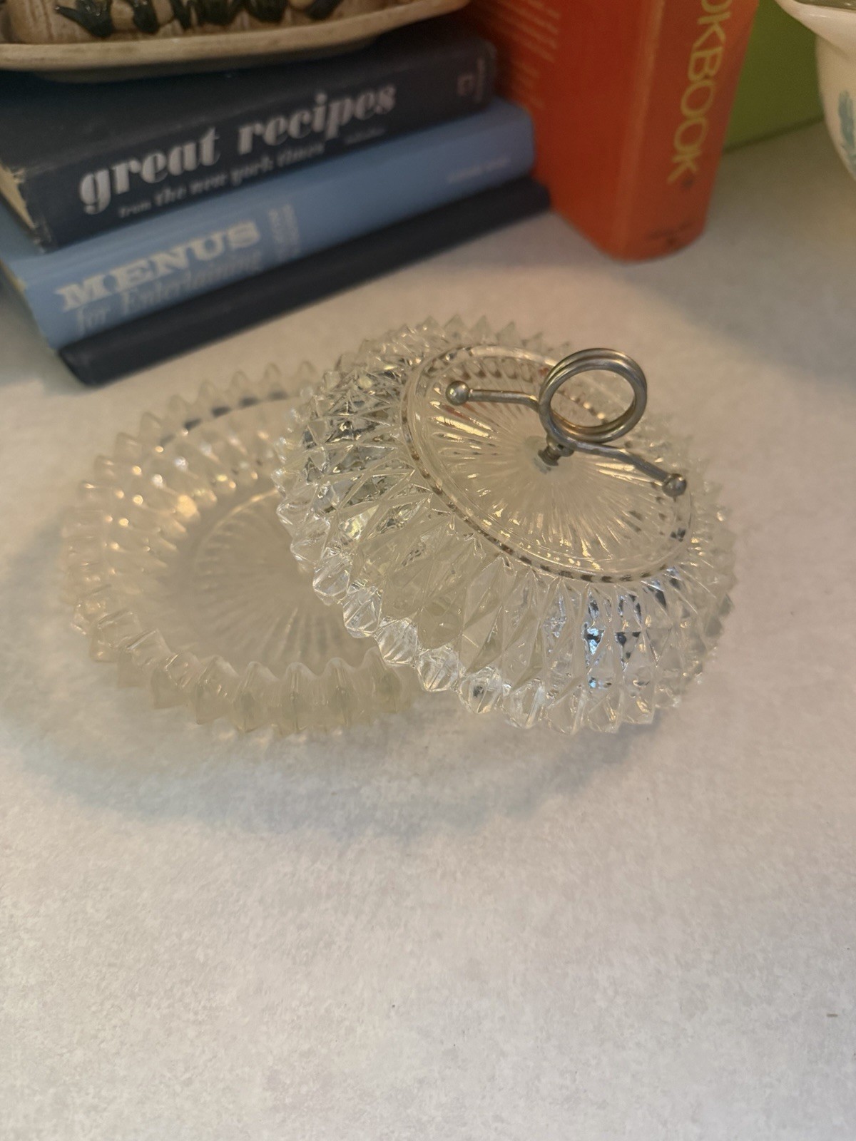 Indiana Glass Diamond Point Candy Dish Powder Trinket Box Lid Chrome Handle