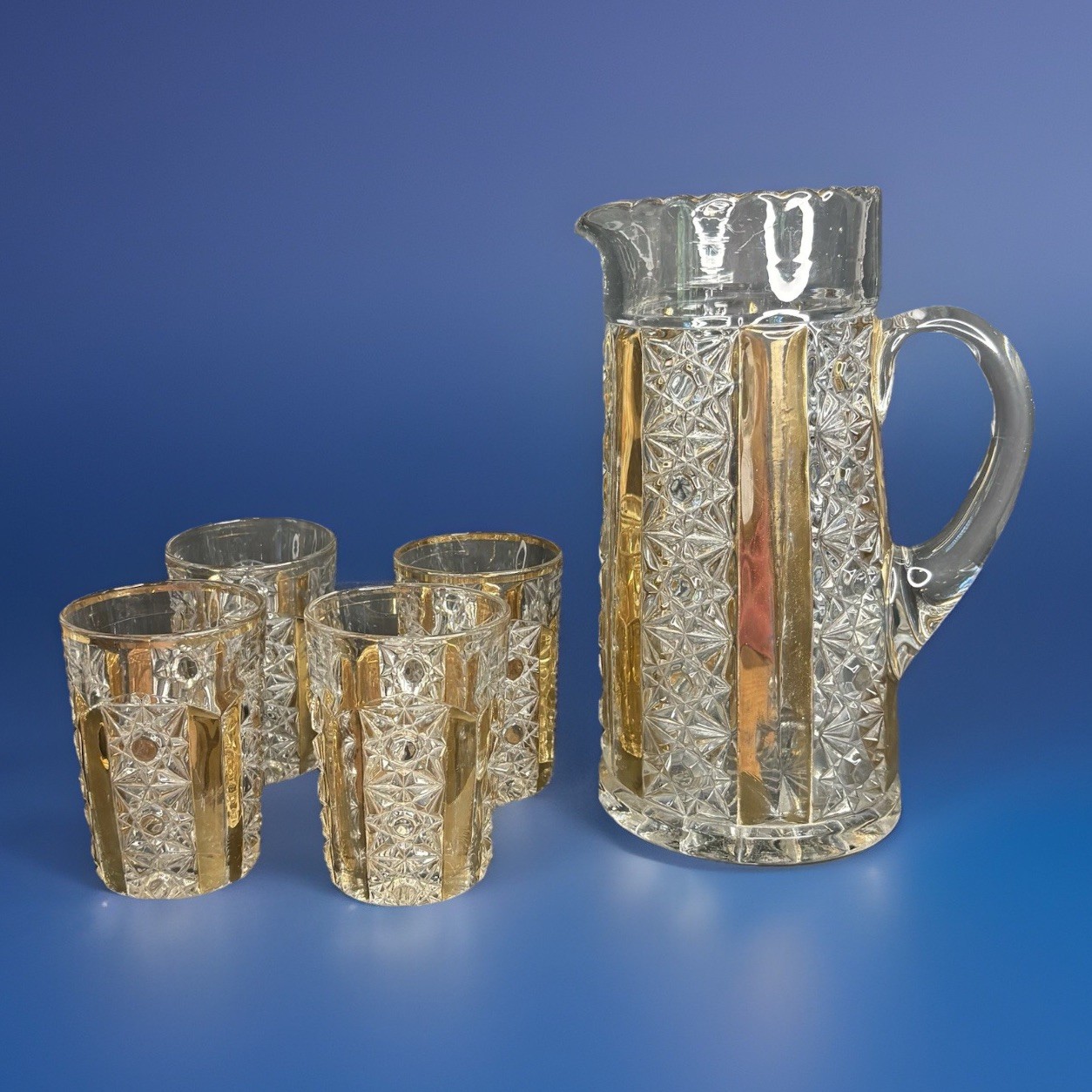 Antique EAPG Duncan Miller Clover #58 Pitcher & 4 Tumblers Set c1905 Glass