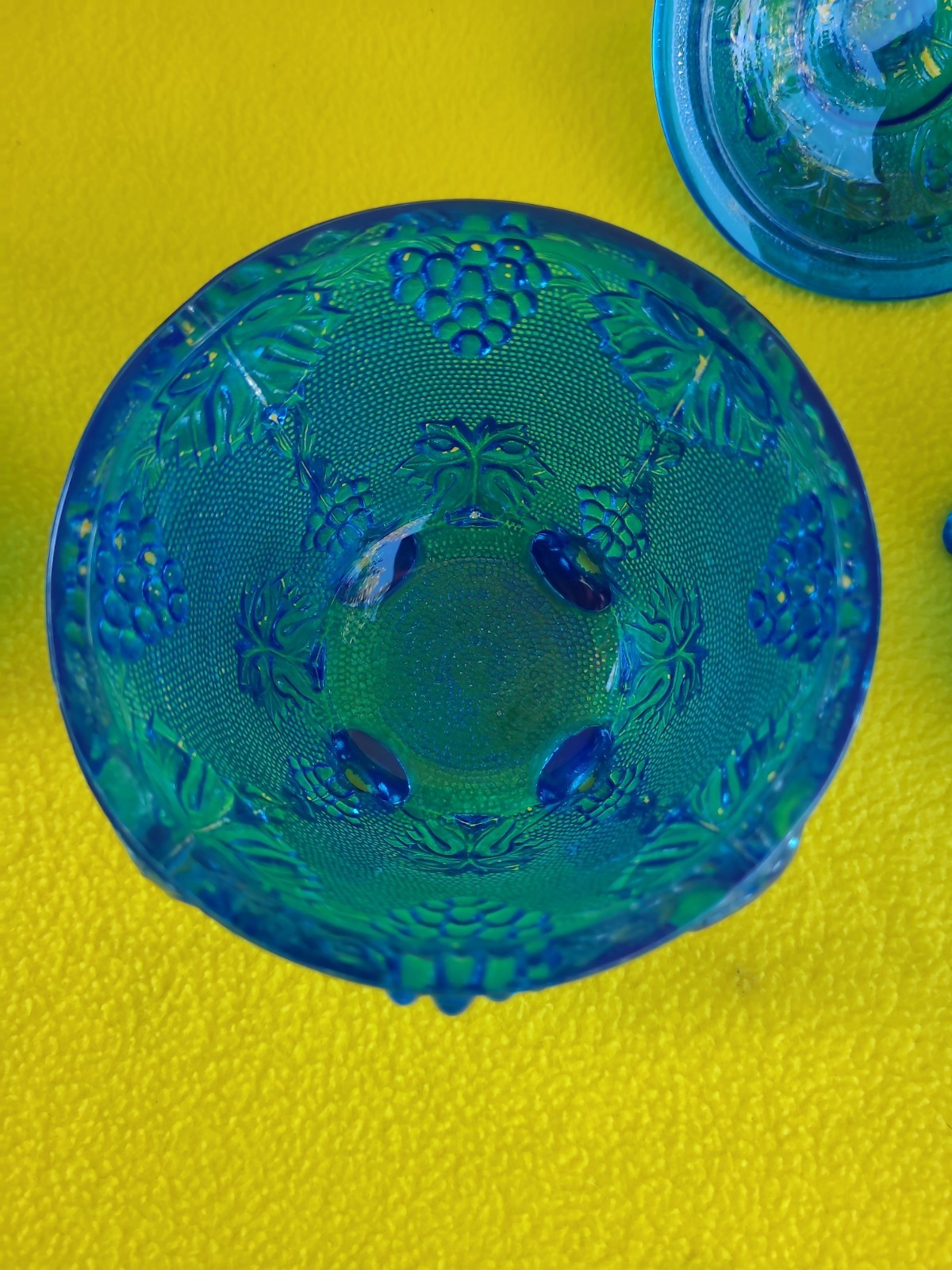 2 VTG 1950s Jeanette Glass Footed Covered Cobalt Blue Candy Dish Grape Leaf MCM