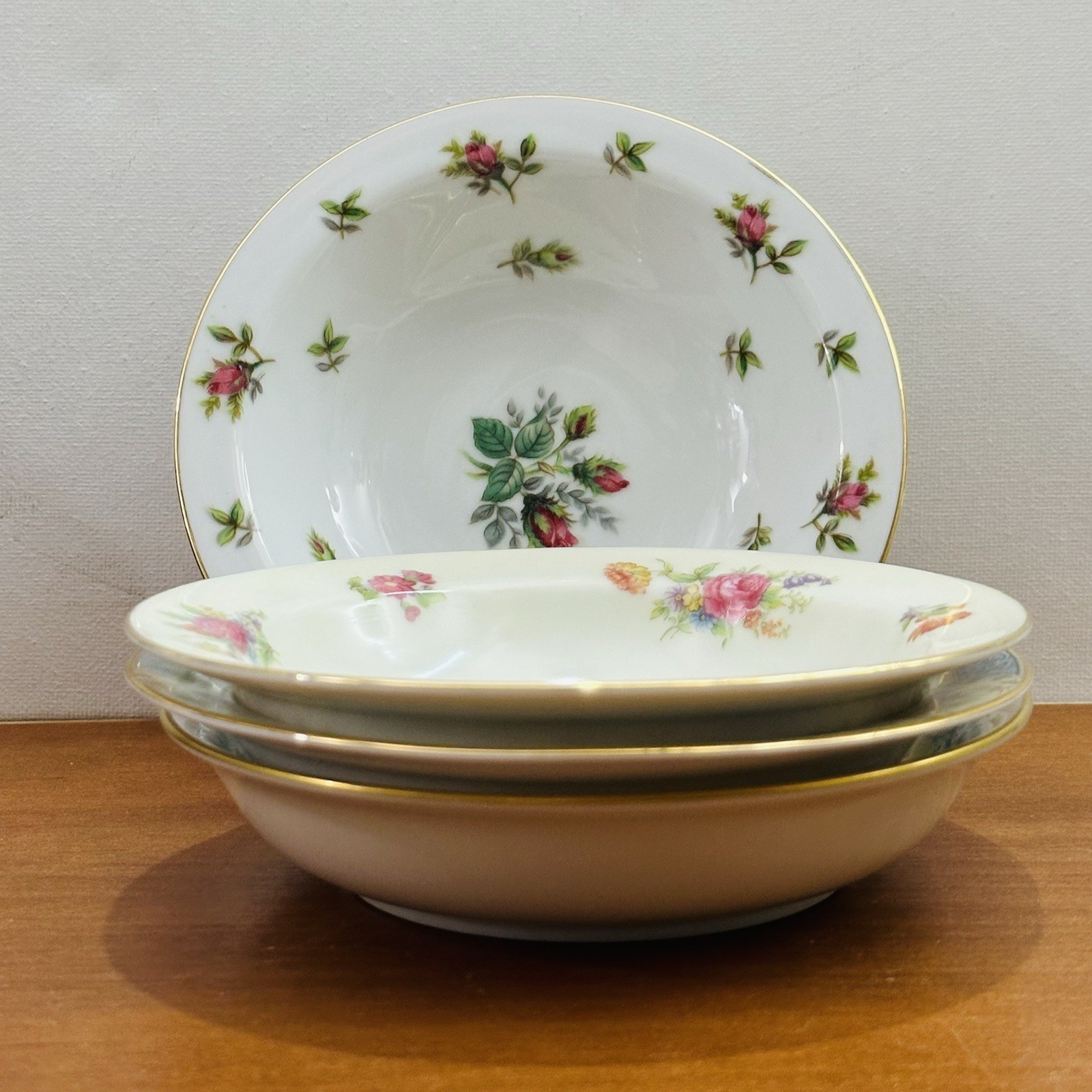 4 Vtg Mismatched China Dessert Bowls Bowl Set Mixed Rose Gold Pink Floral