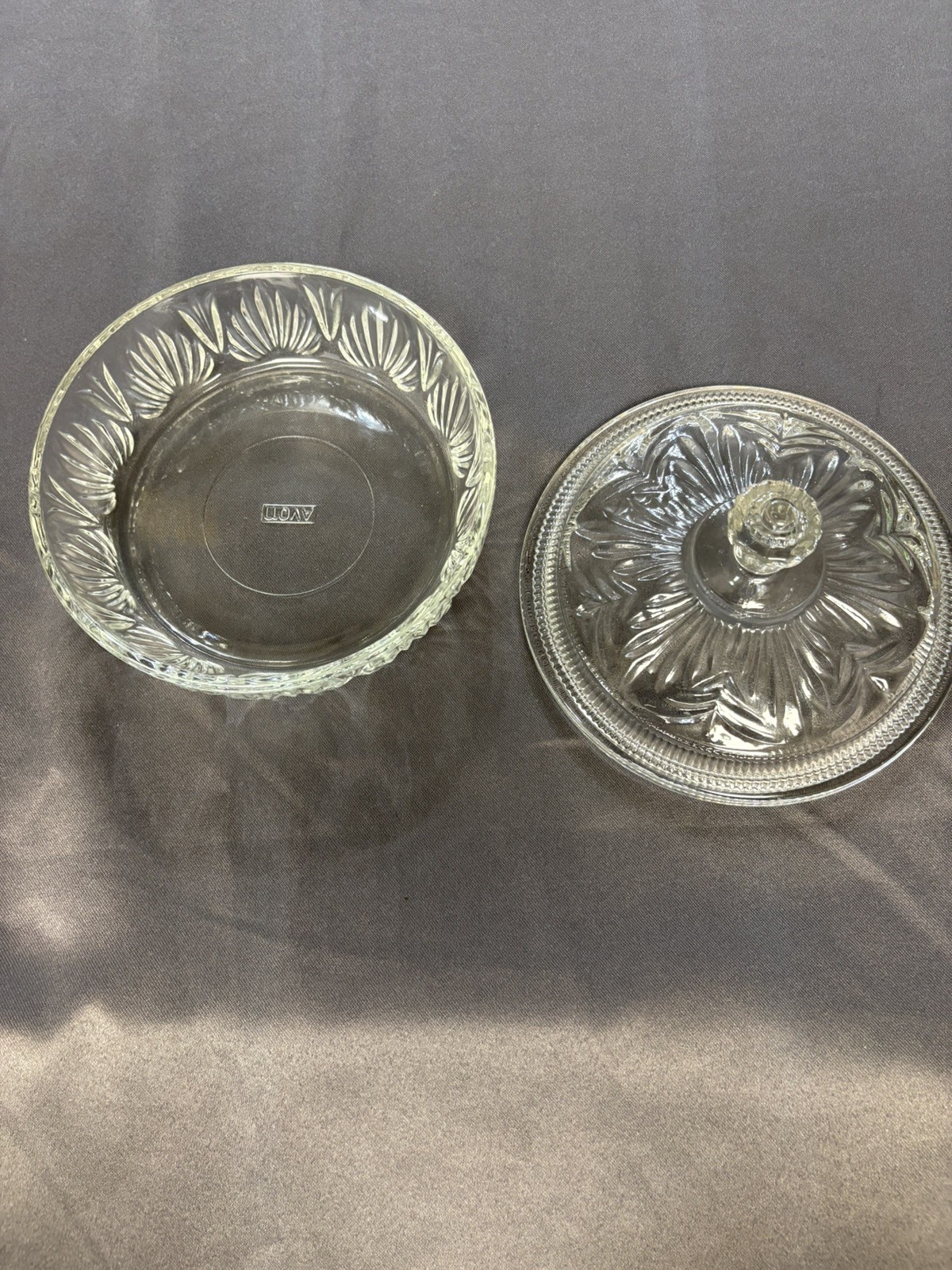 Vintage Avon Glass Candy Bowl with Lid, Trinket Dish, Star Patterned Glass 6×3