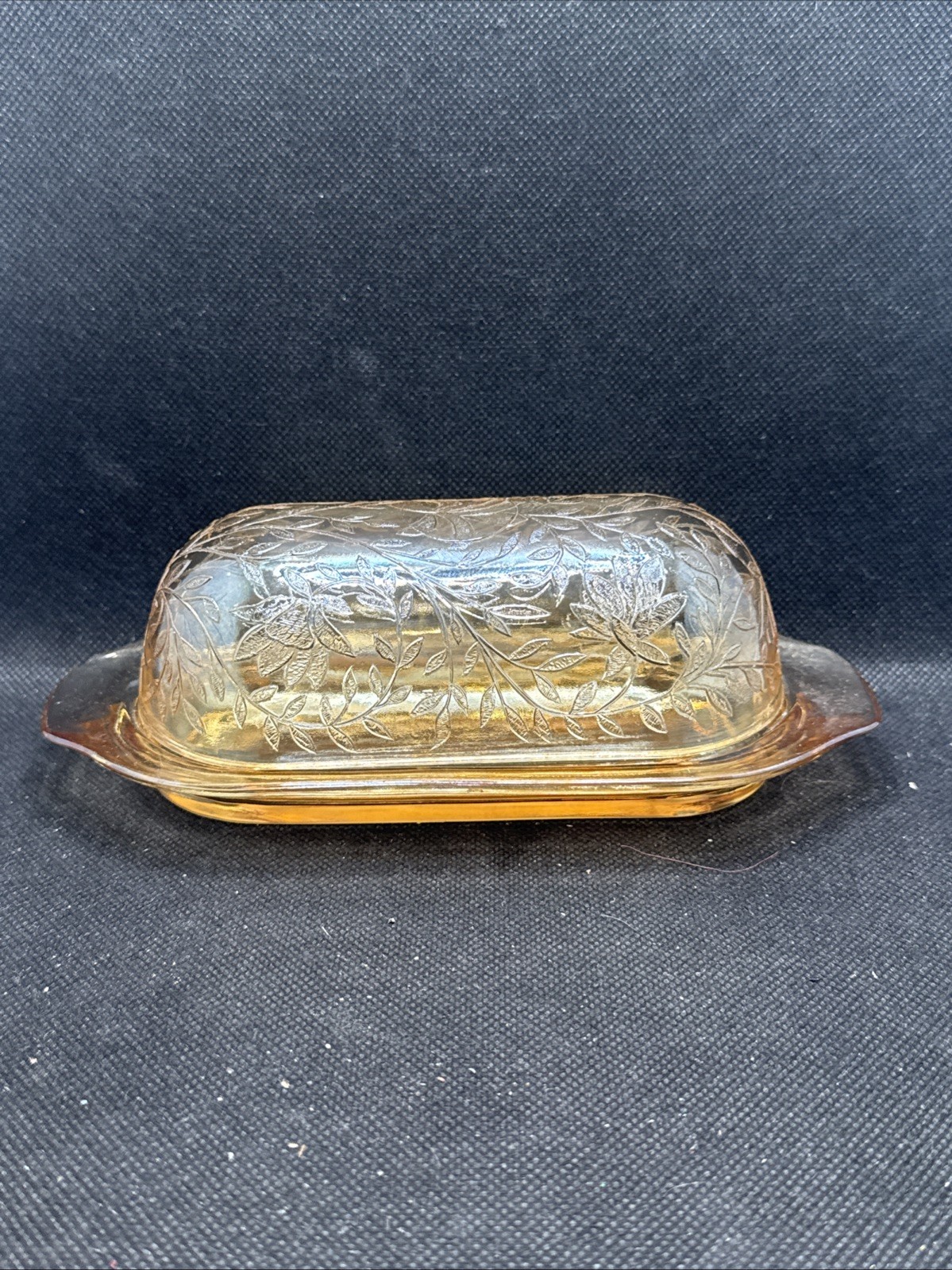 Rare Jeannette Iridescent-Carnival Floragold Louisa Marigold Covered Butter Dish
