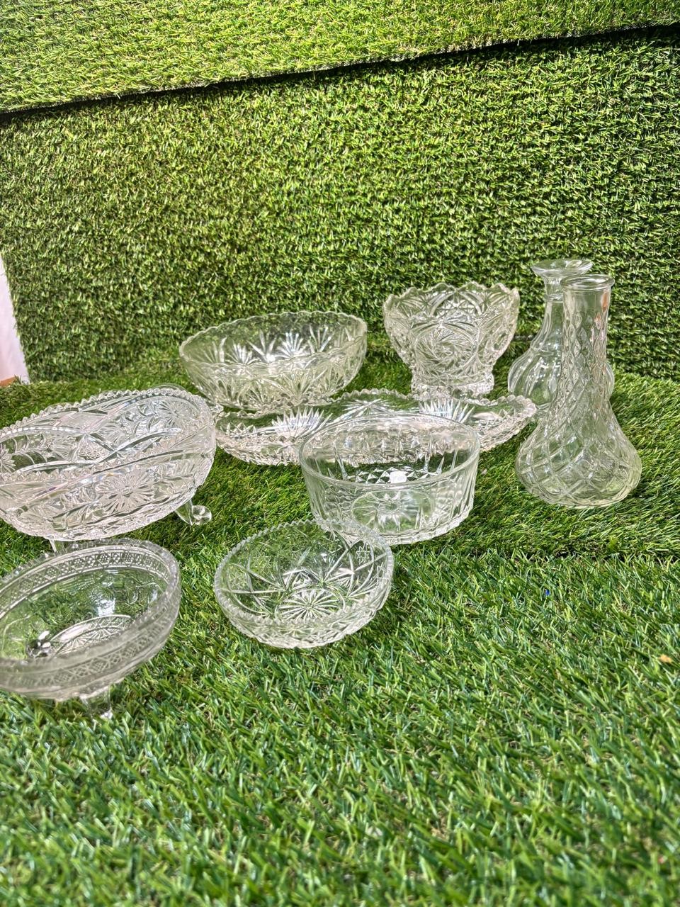 Vintage Pressed Clear Glass Lot 10 Pc Bowls Trays Bud Vases Serving Dishes