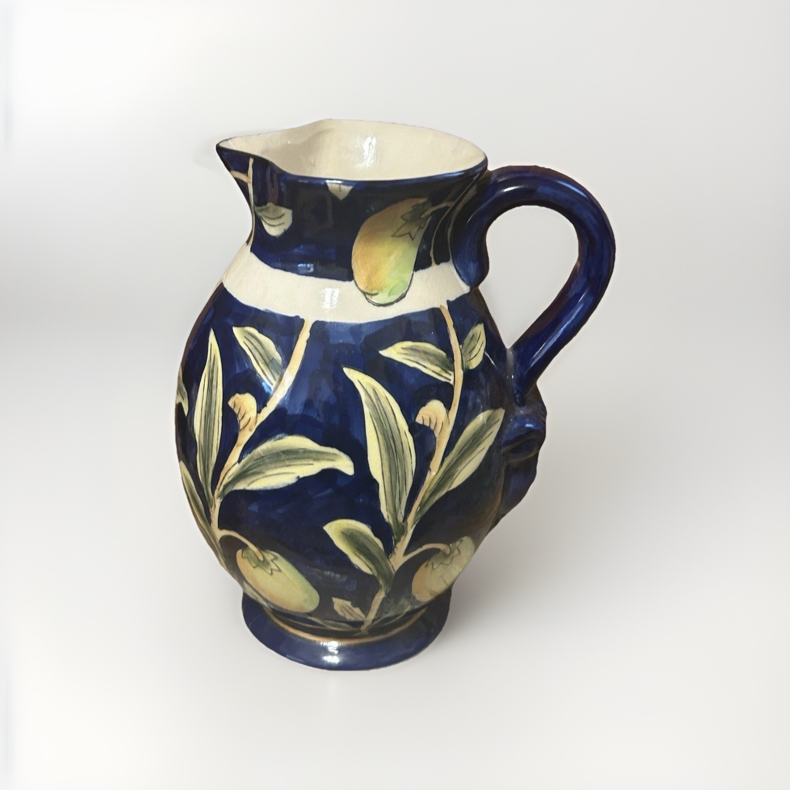 Dept. 52 – Handpainted Cobalt Blue Ceramic Pitcher, Yellow Fruit