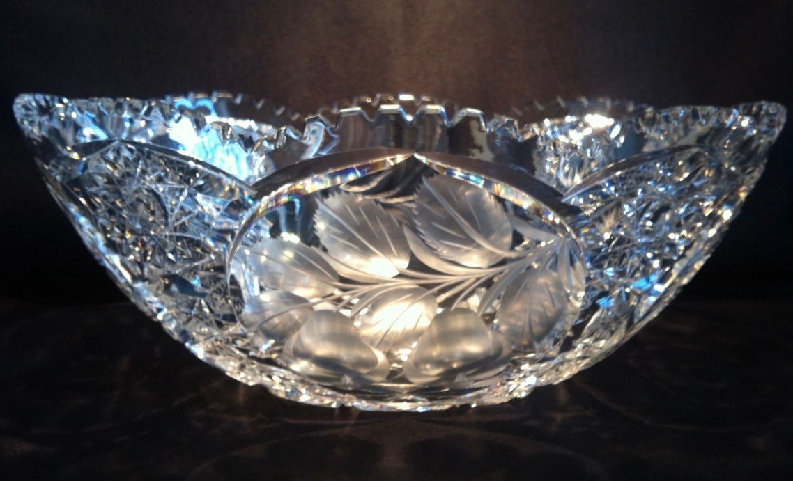 Cut Glass Bowl Intaglio: 11 5/8″ L x 7 1/2 W x 4 1/2″ H