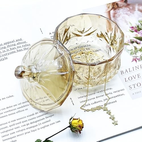 8oz Glass Candy Jar with Lid,Small Crystal Fall Candy Dish,Apothecary Jar Amber