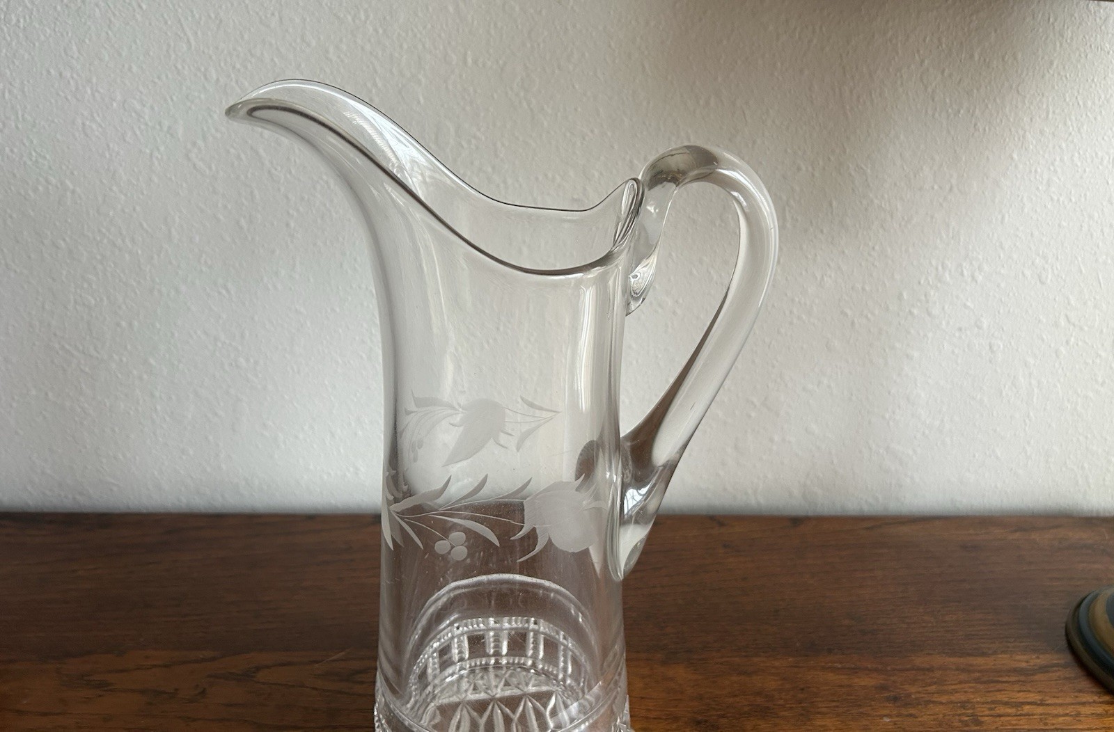 Ring and Block Etched Gray Cut Antique Glass Pitcher Elegant Fine Dining