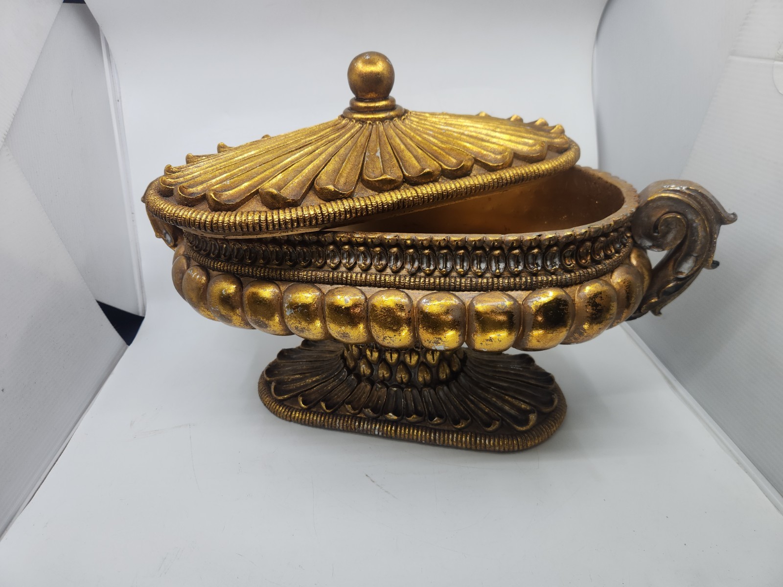 Large Hollywood Regency Gold Covered Tureen Urn Centerpiece Pedestal Bowl 21″