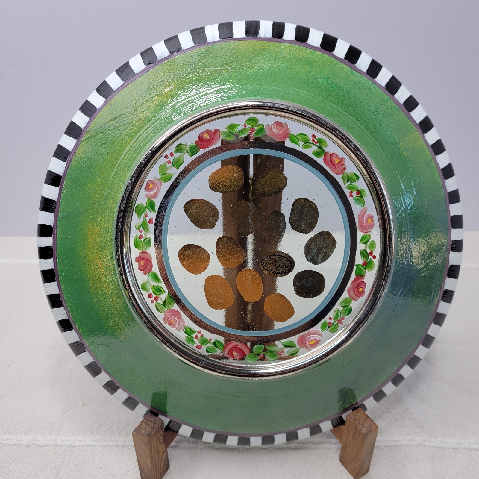 Early MacKenzie-Childs Plate Hand Painted Glass Soup Pasta 9.25″ Rose Garland