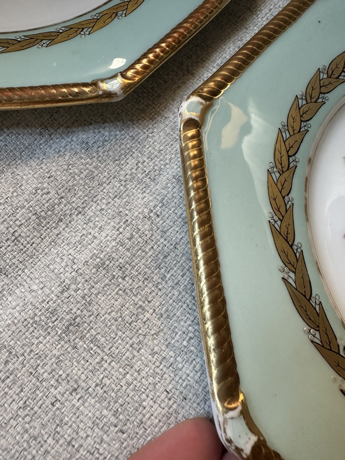 Pair Antique Royal Worcester Botanical hand painted octagonal Plates Floral Gilt