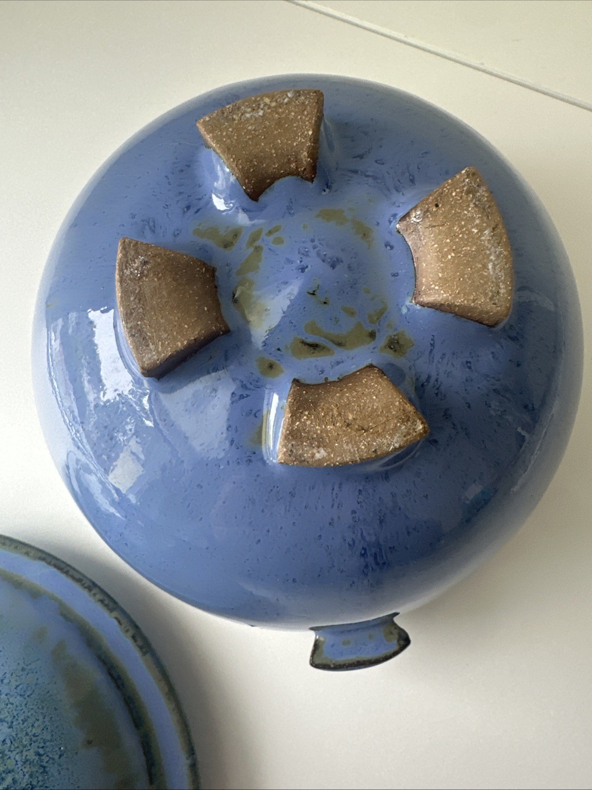 Vintage Studio Pottery Covered Bowl Blue Glaze Handmade Ceramic Dish