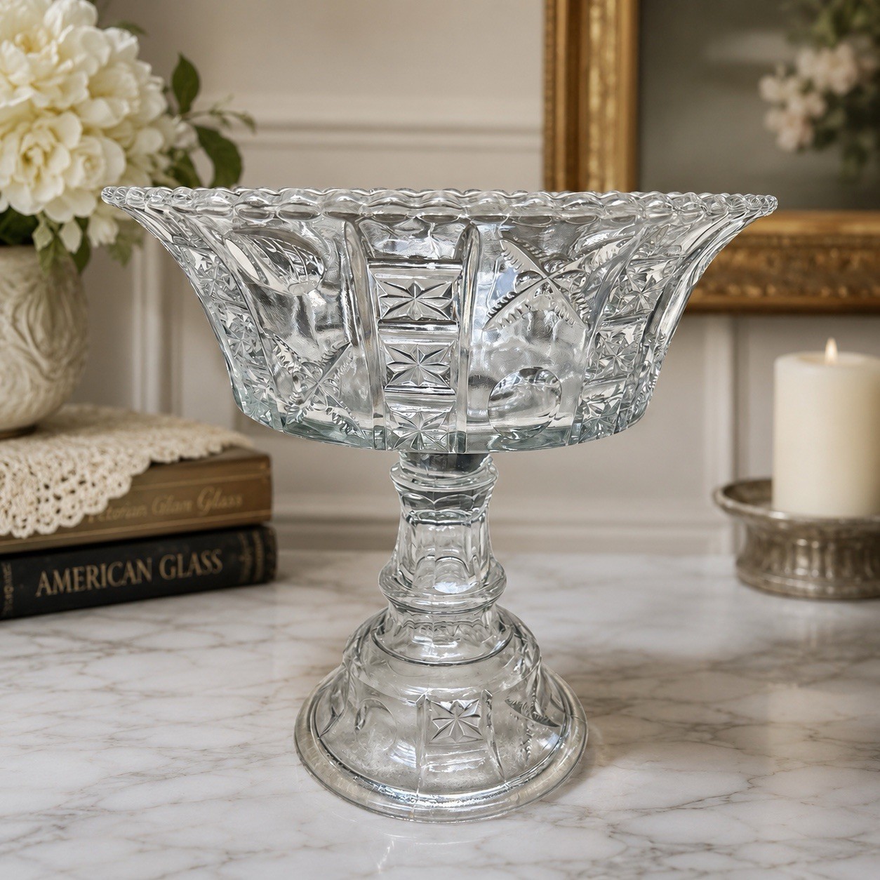 Antique Crystal Glass Co. X Bull’s Eye EAPG High Stand Centerpiece Compote Glows