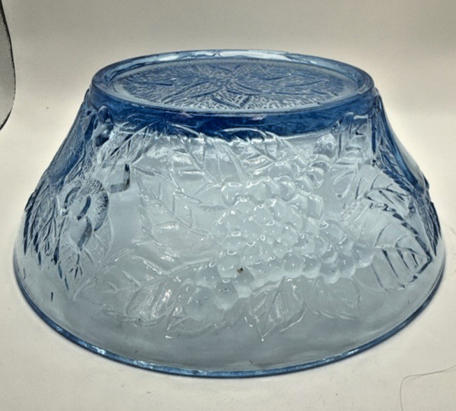 Glass Serving Bowl Ice Blue KIG Indonesia VTG 8.5″ Flower Fruit Apple Pear Grape