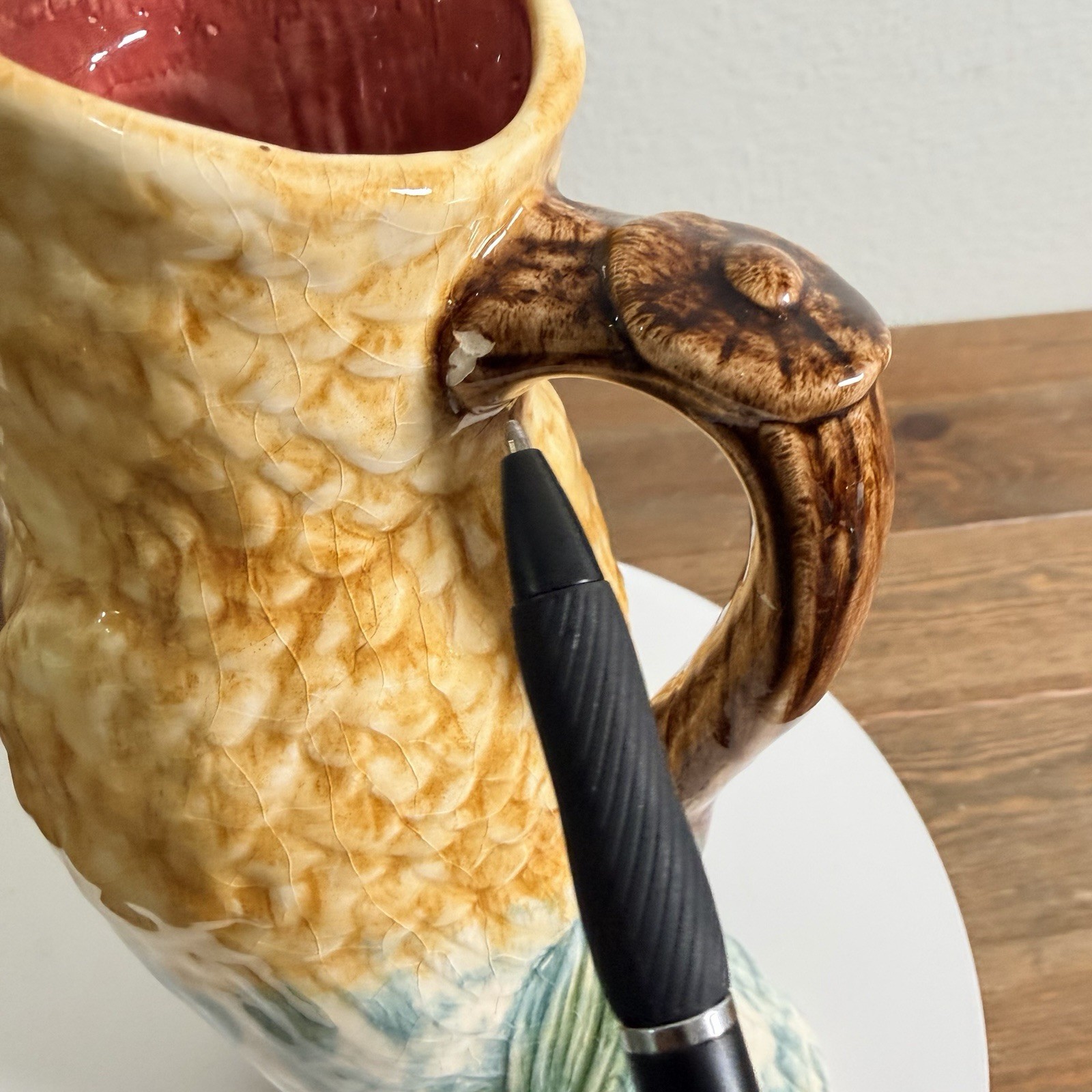 FFAS French Owl Pitcher Orange Eyes Vintage Majolica MCM Barbotine Vintage OOAK