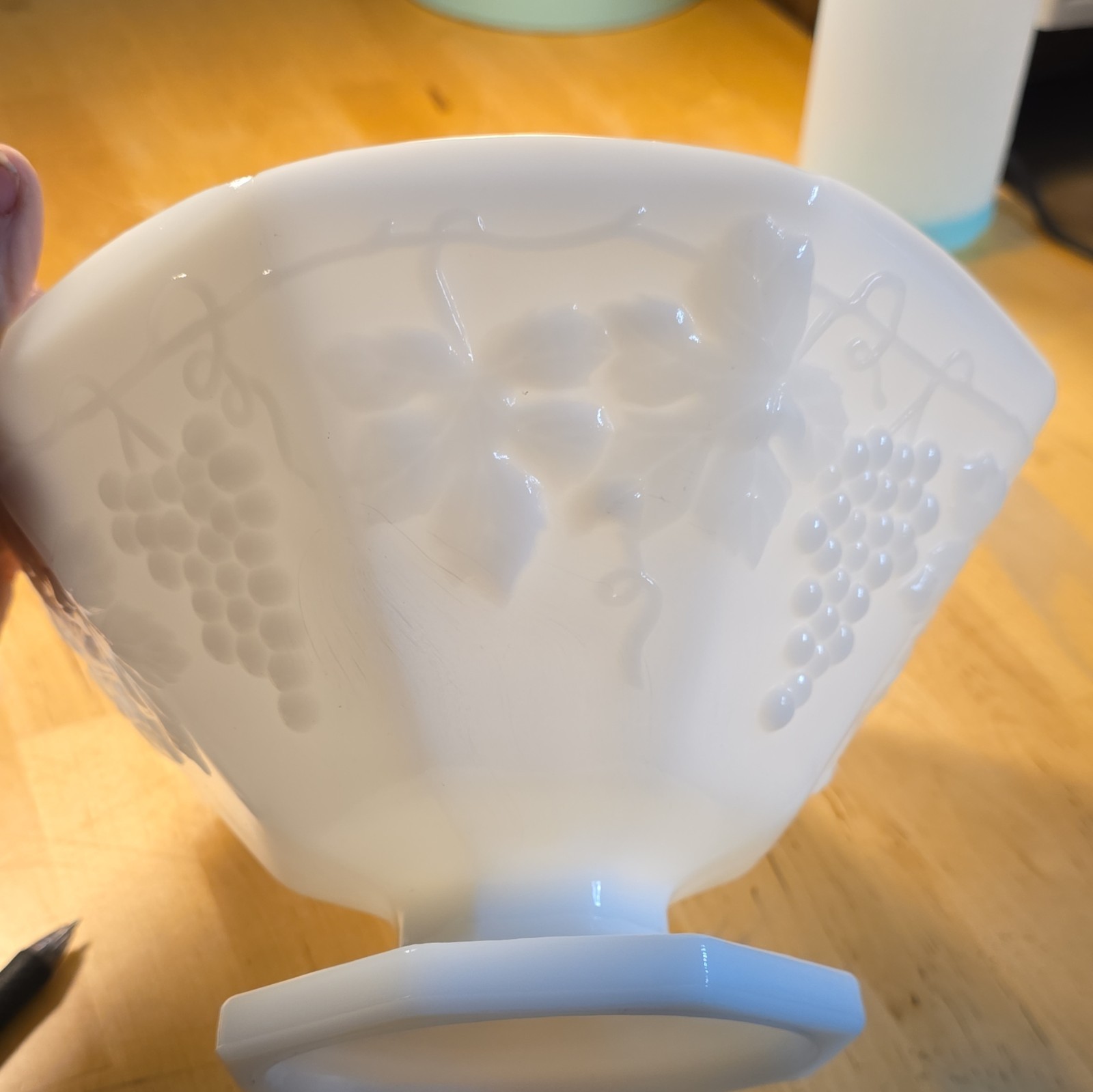 Anchor Hocking White Milk Glass Octagonal Pedestal Compote Bowl Grape Pattern