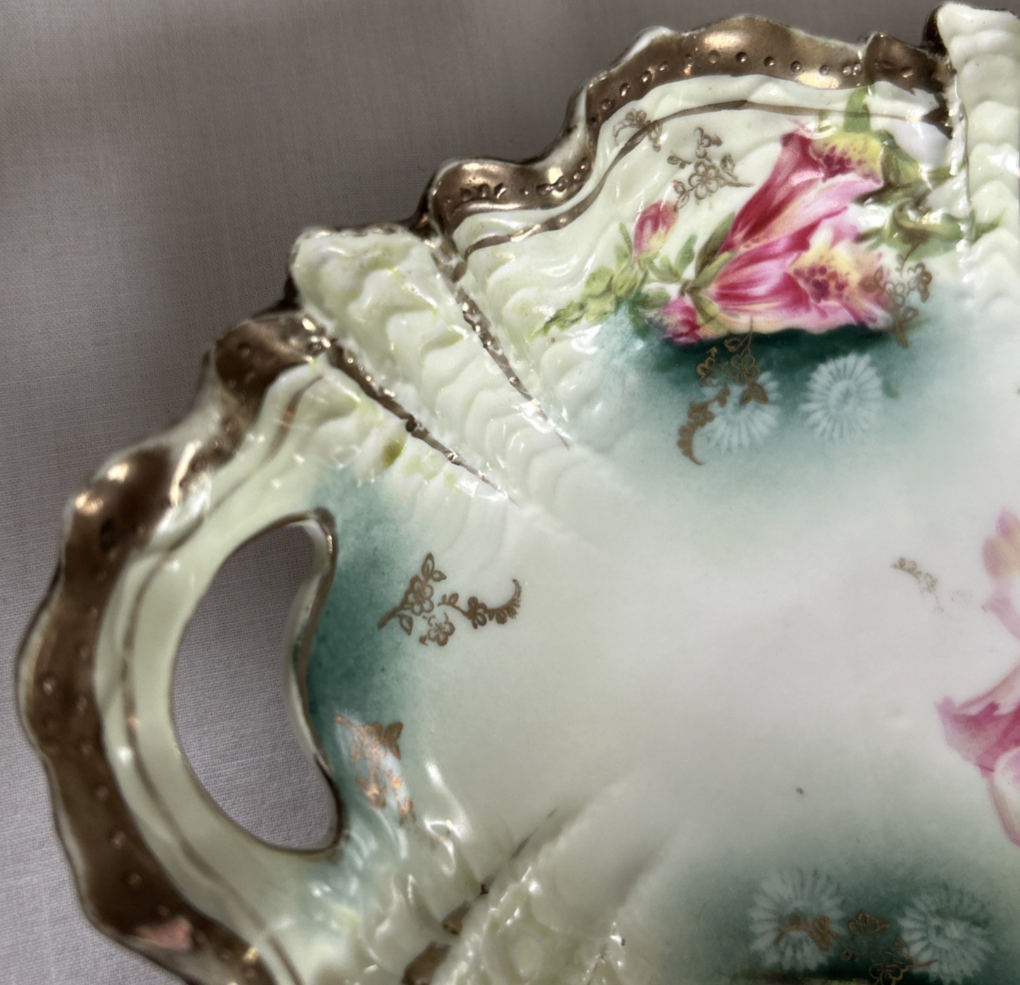 RS Prussia Porcelain Celery Relish Dish Flowers Gold Trim Early 1900s Antique