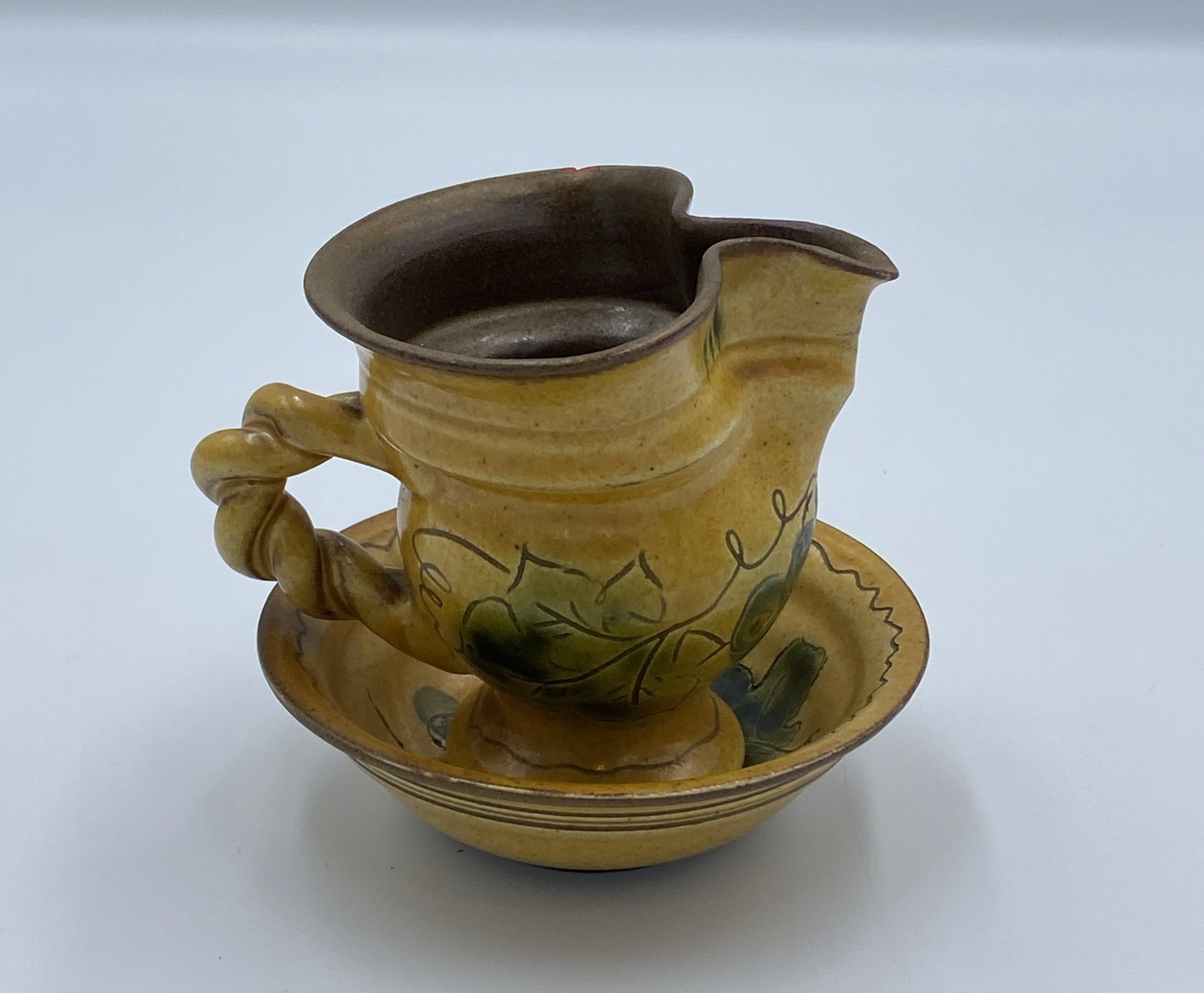 Pottery Creamer/Pitcher & Saucer, Made in SN Liechtenstein, Italian Style, Mini