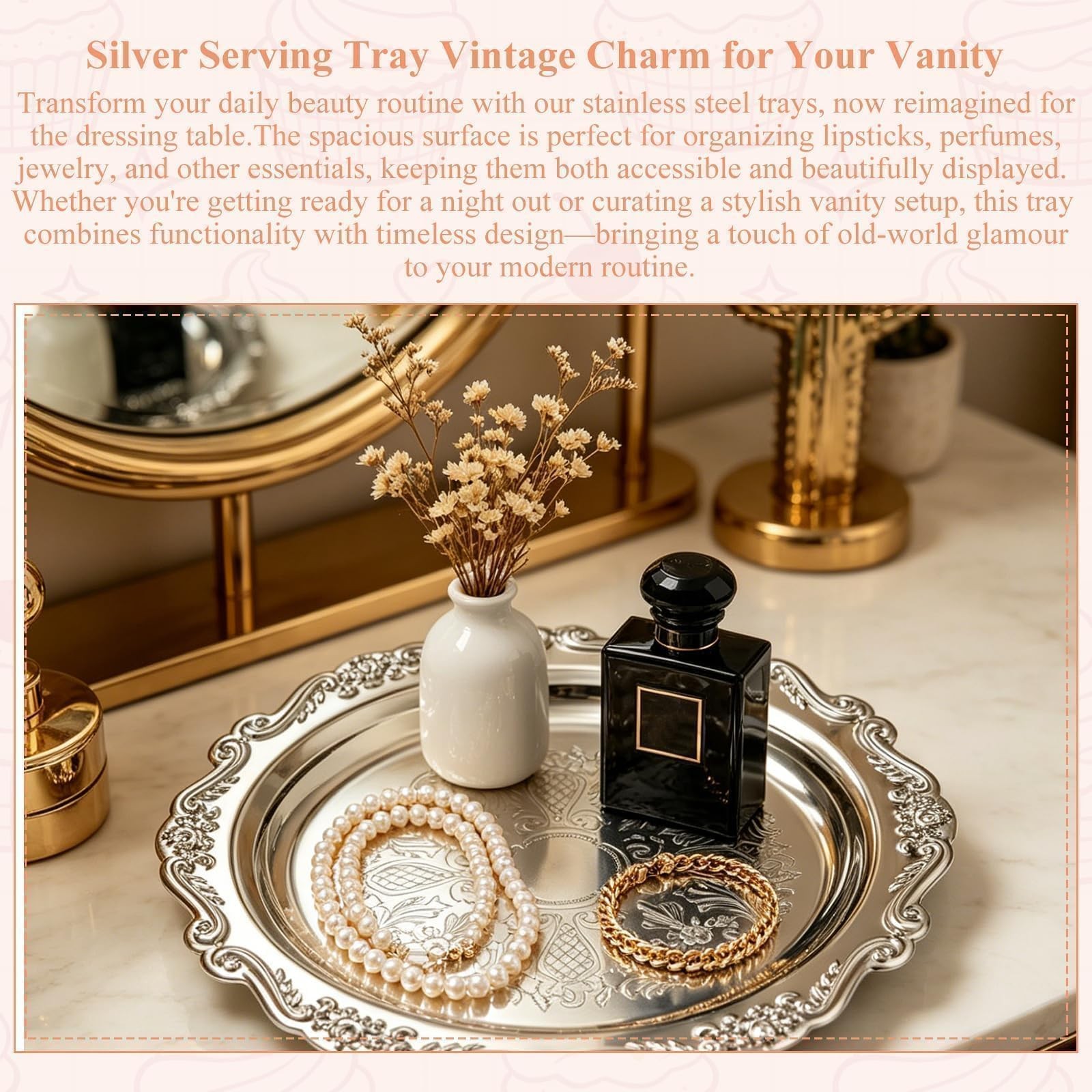 2PCS Silver Round Serving Trays for Party,Floral Engraved Serving Platters Vi…