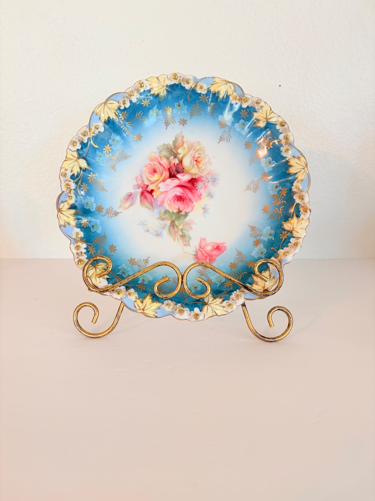 Bohemia Porcelain Hand Painted Rose Cabinet Plate Teal Blue Gold Gilt 9″