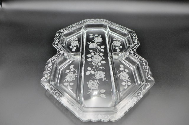 Vintage Fostoria MCM Etched Midnight Rose Glass Relish Tray 5 Compartments