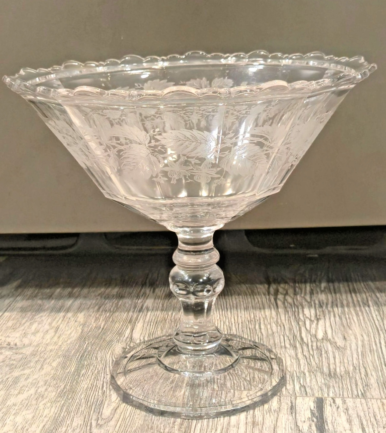Antique Etched Glass Pedestal Compote Scalloped Rim Elegant Glass Bowl leaves