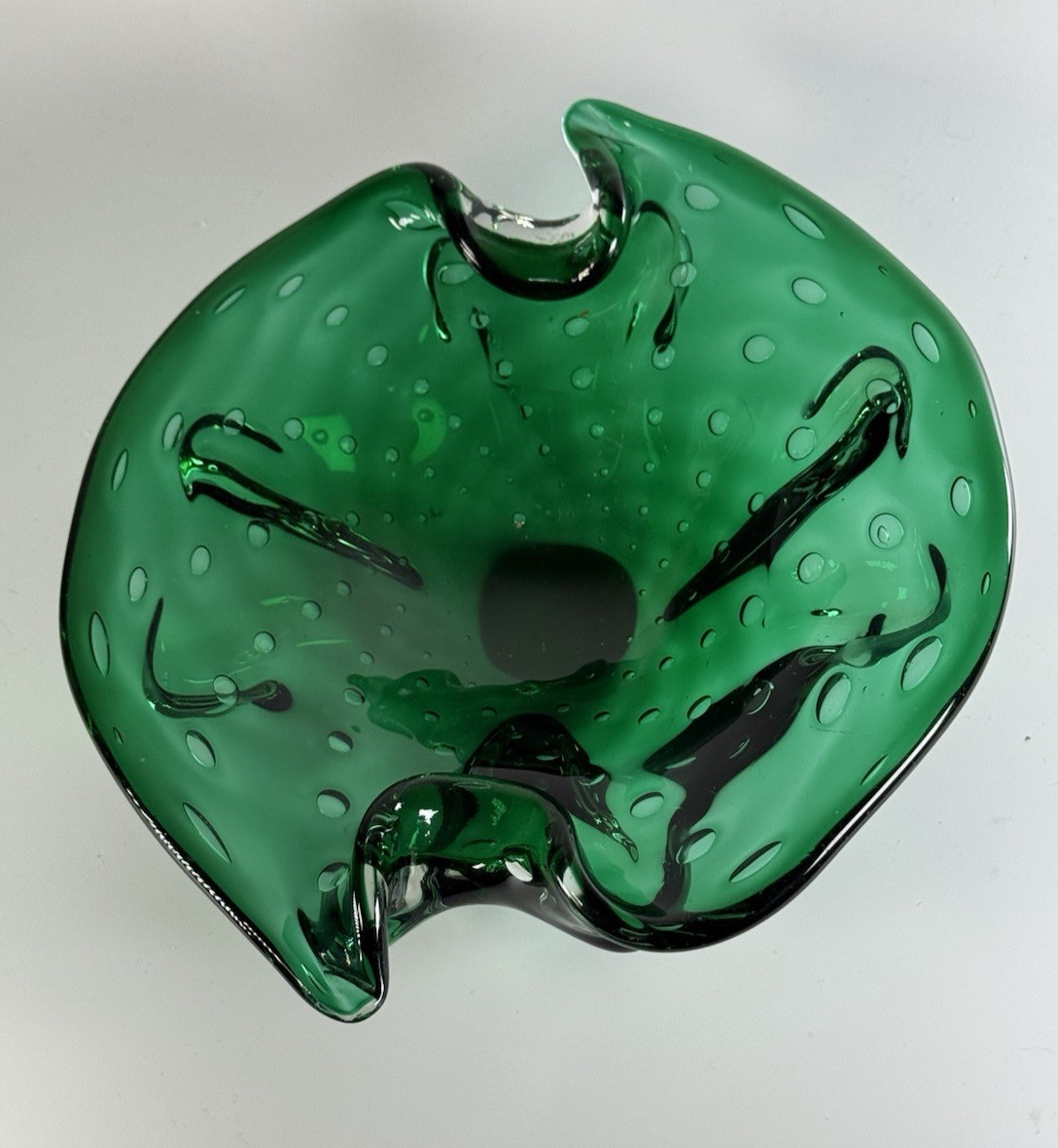 Hand Blown Controlled Bubble Dark Green Thick Glass Decor Bowl