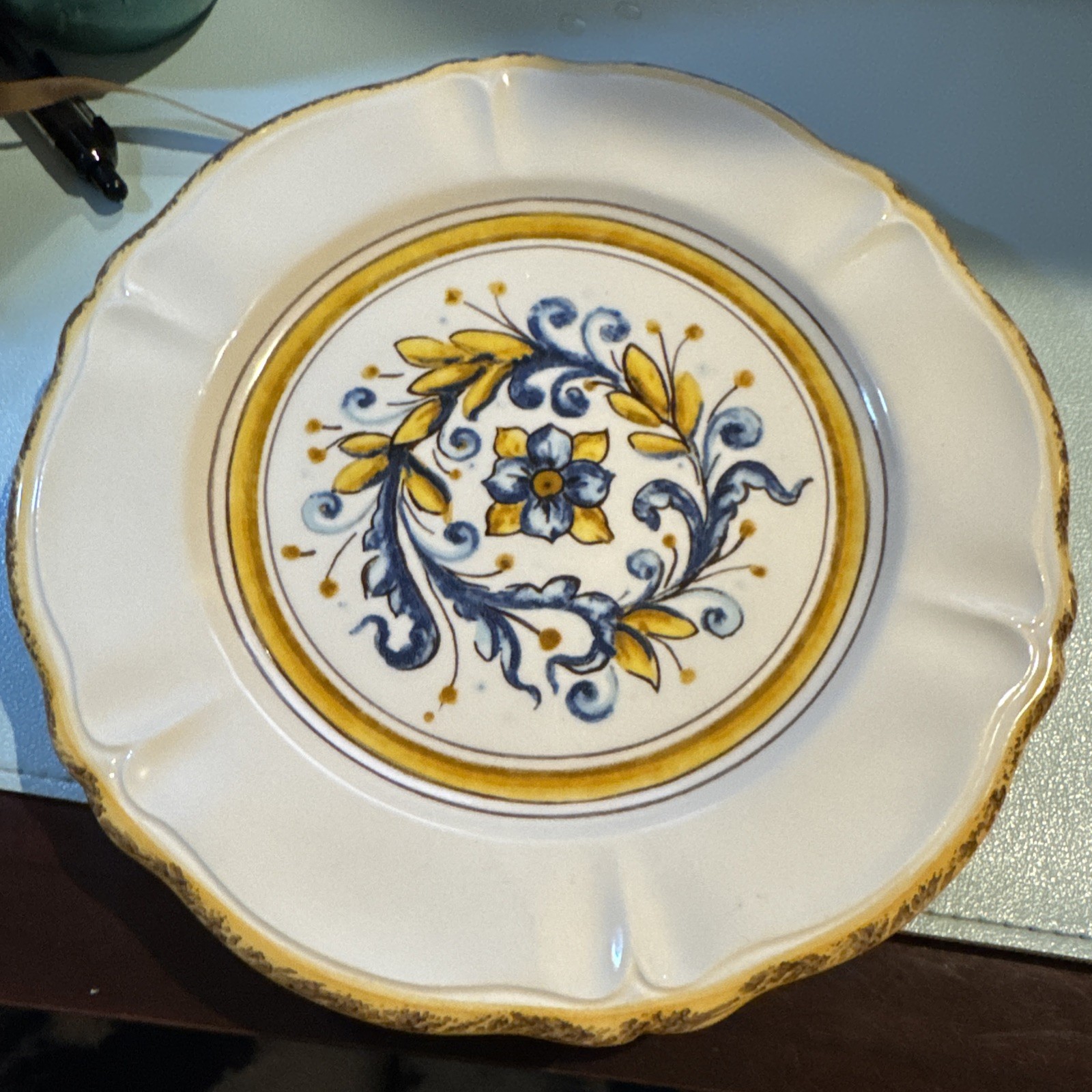 Bizzirri Handmade In Italy Salad Plate Scalloped Edges Yellow/Cobalt Blue 8.5”