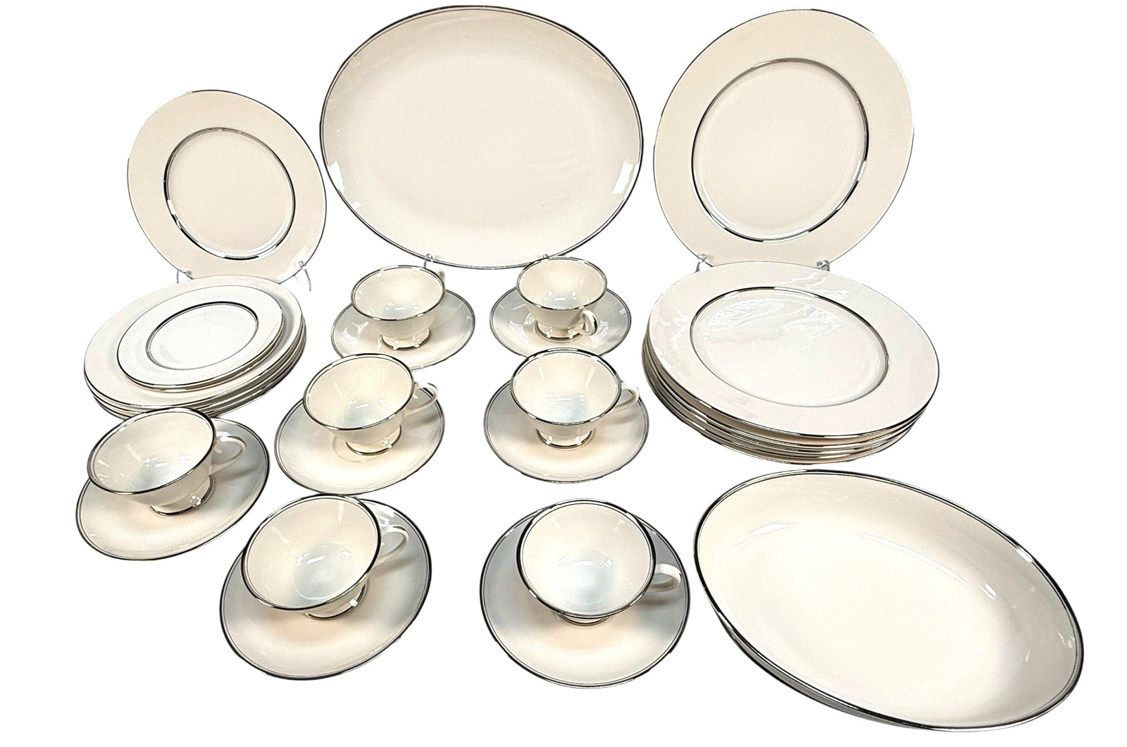 Vintage Flintridge China Mirador Bon-Lite Platinum Trim Dinnerware Set 29pc MCM