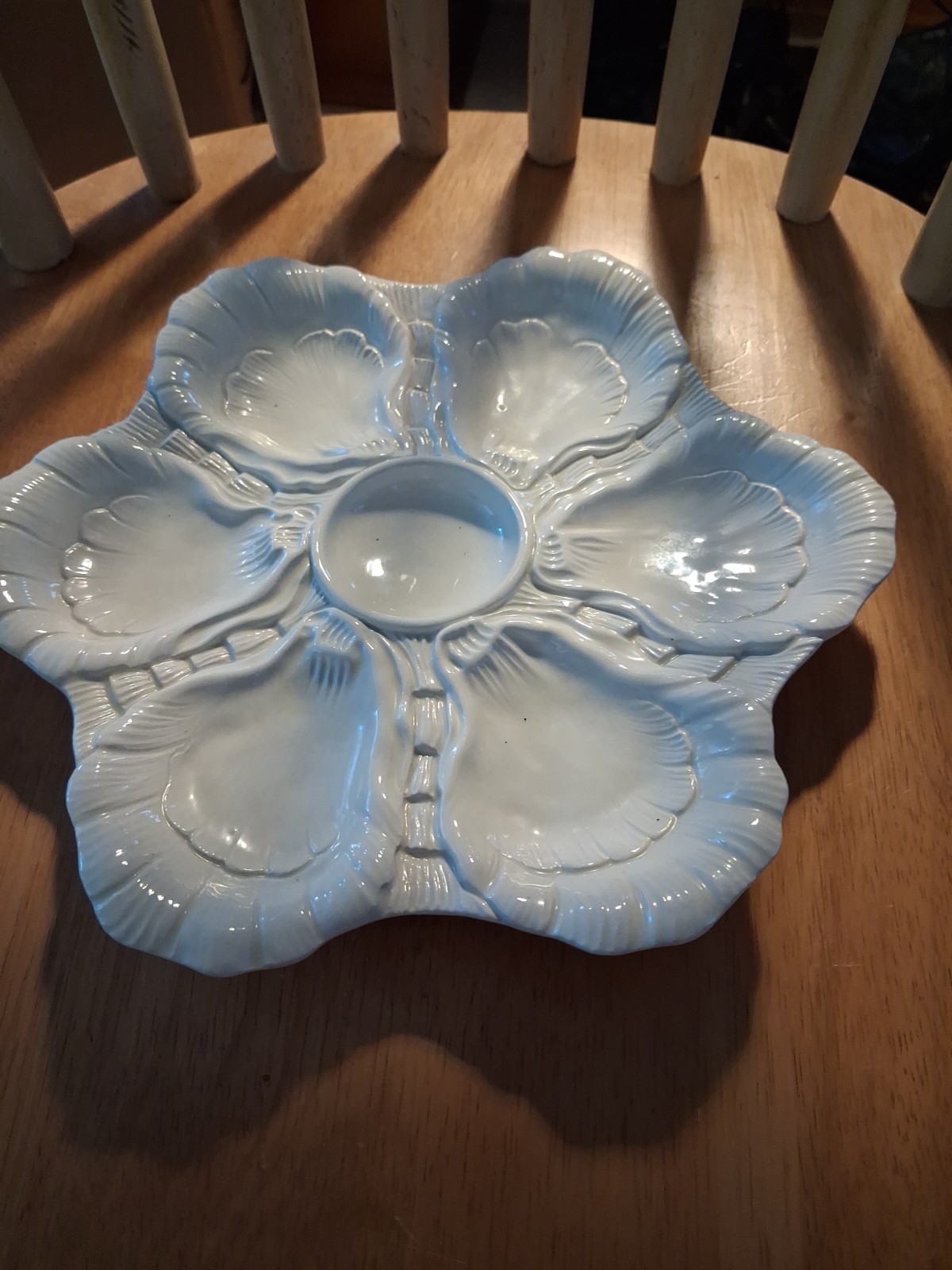 Porcelain White 6 Well Oyster Plate 9 1/2″ Deep Dish, With Center Area For Sauce