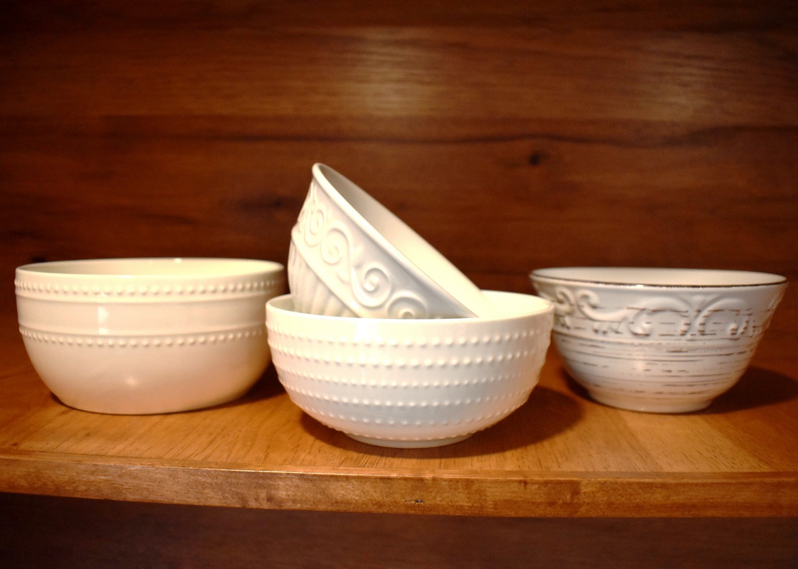 White Ceramic Bowls Embossed Designs Brand Variety Lot 4 Pcs