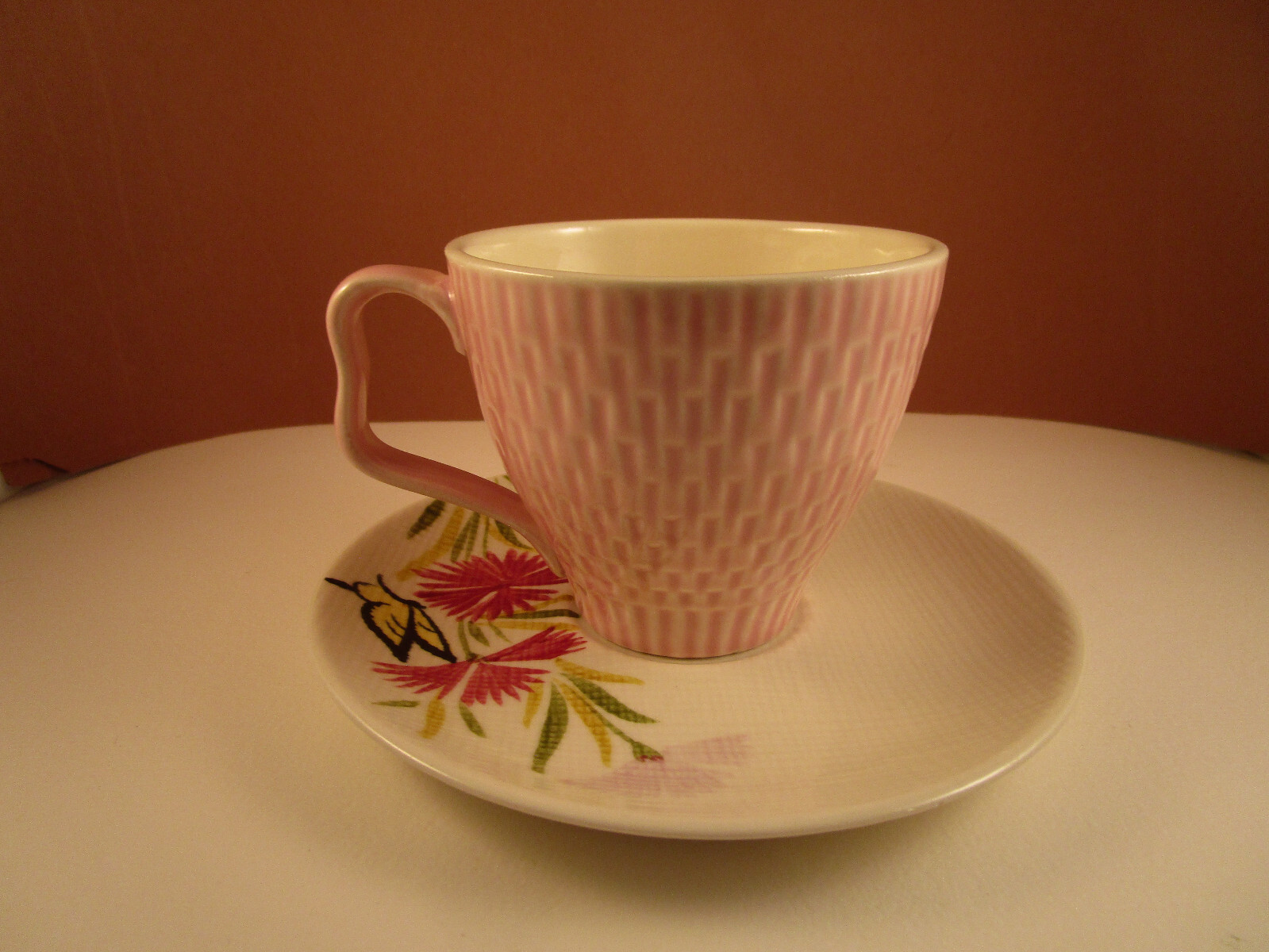 Vintage Red Wing Pottery Pink Spice Hand Painted Set of 3 Tea Cups & Saucers A