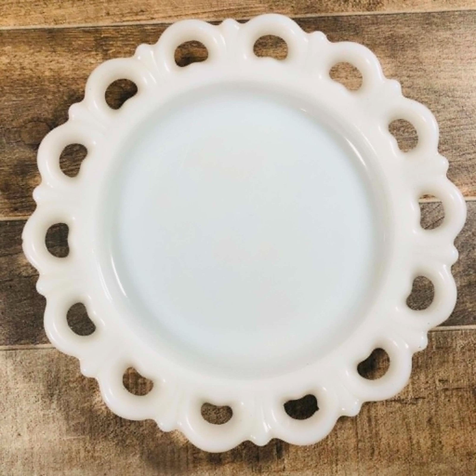 Vintage Anchor Hocking Milk Glass Open Lace Heart Border Plates Set of 5