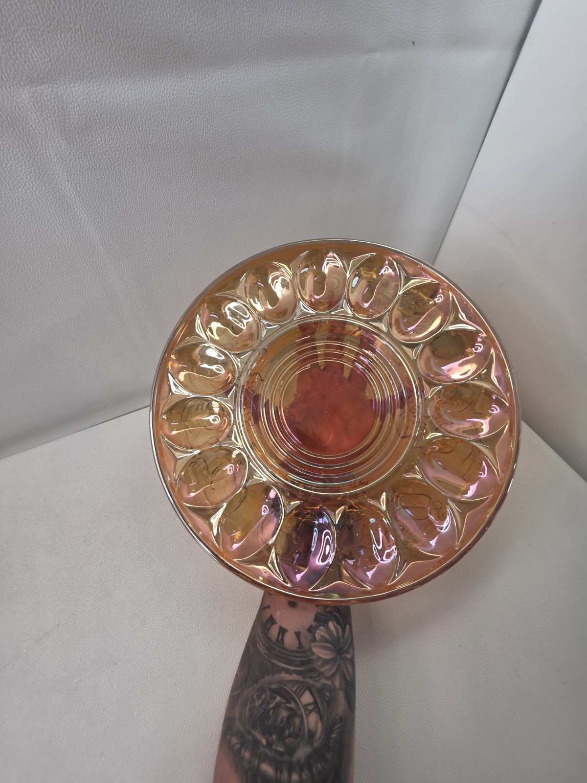 McKee Rock Crystal Marigold Carnival Glass Deviled Egg Plate 15 Well 11.5″