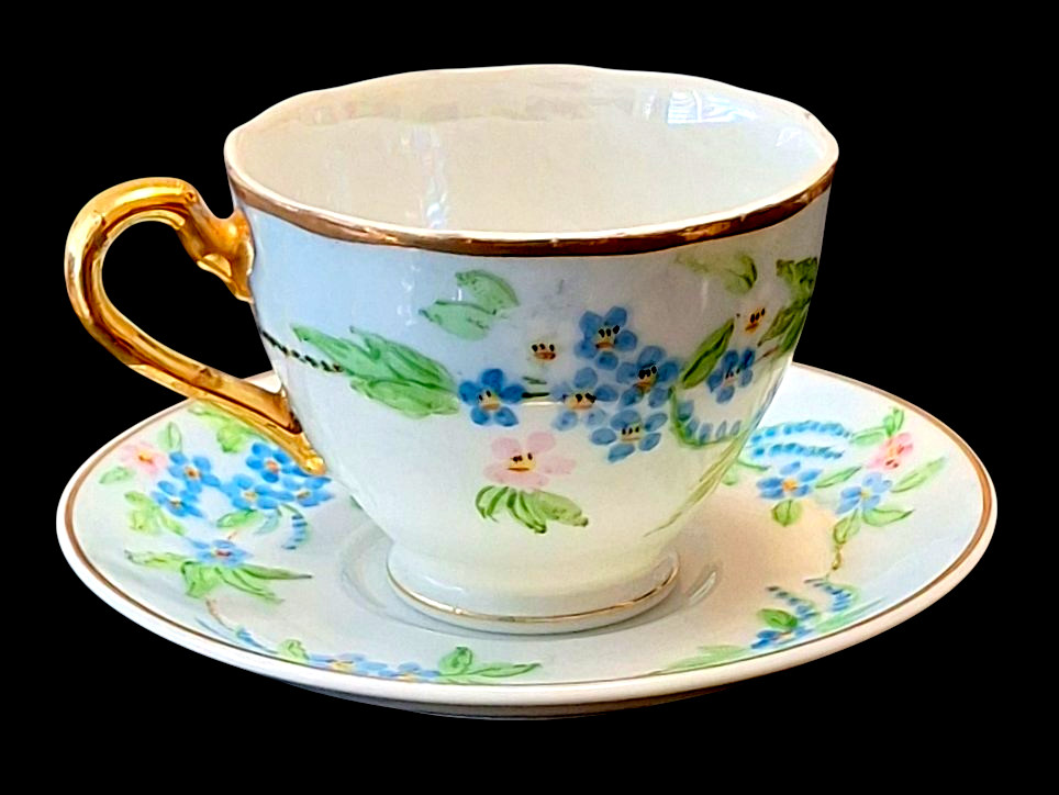 Vintage White Coffee Tea Cup & Saucer Blue Floral Hand-Painted by Ruth of Tucson