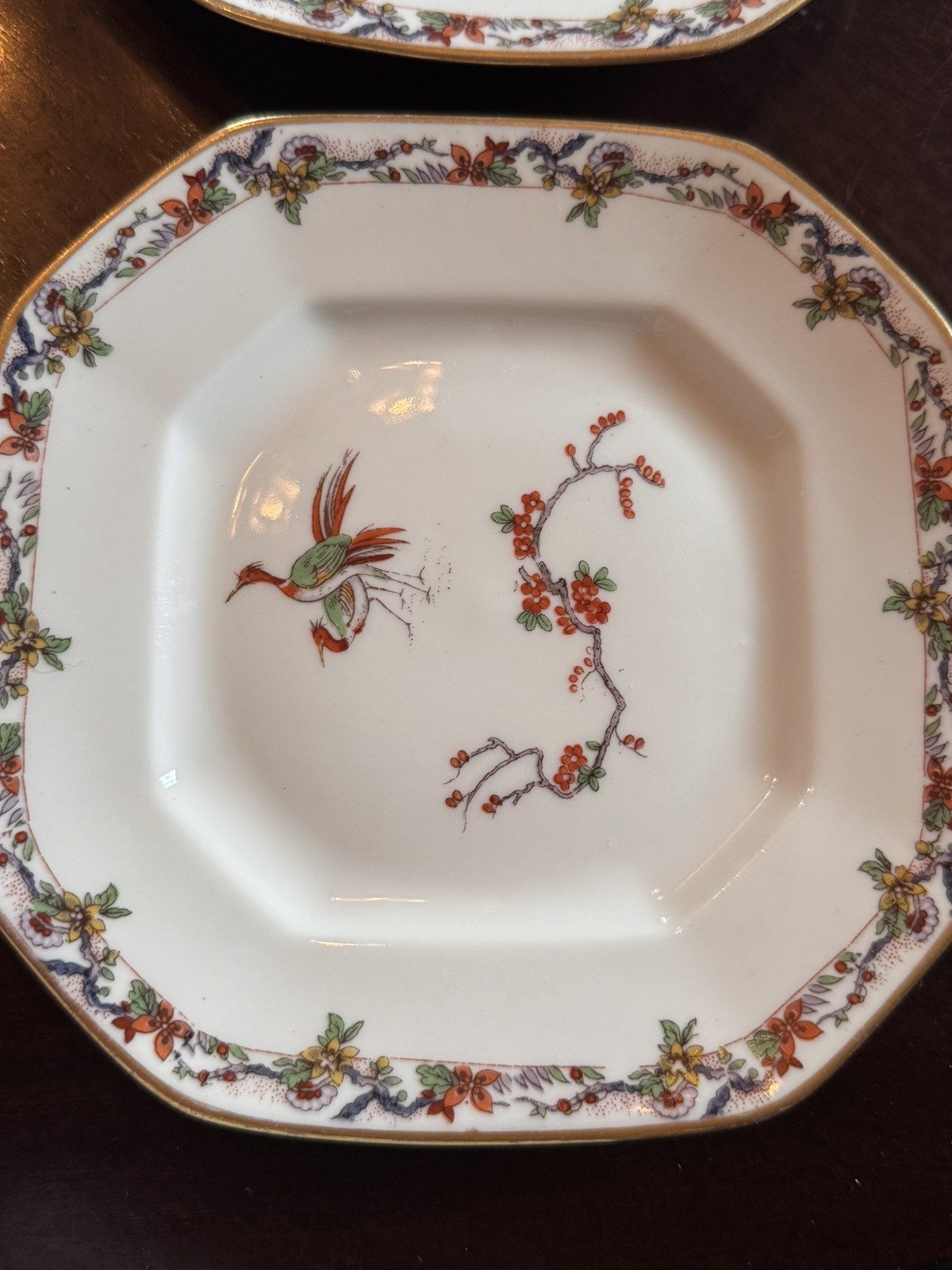 Antique Bernardaud Limoges BIRD of PARADISE Octagonal dessert Gold Gilt FR 6 pcs