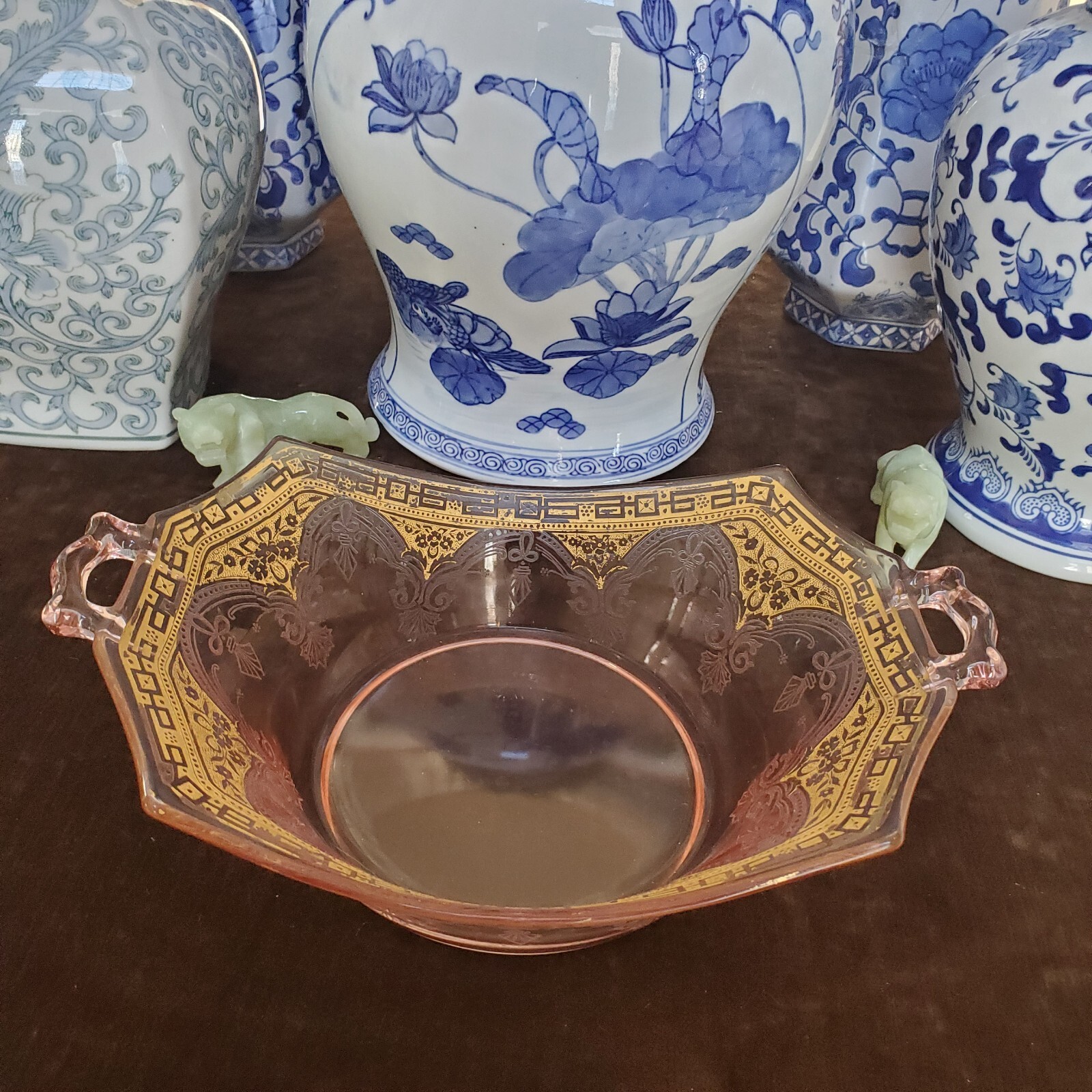 Elegant Pink Depression or Elegant Glass Hexagon Handled Etched Gilded Bowl