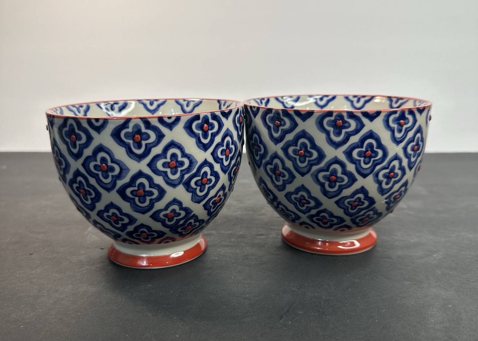 Yokohama Studio Hand Painted Raised Dot Floral Ceramic Mug Set 2 Japan Beautiful