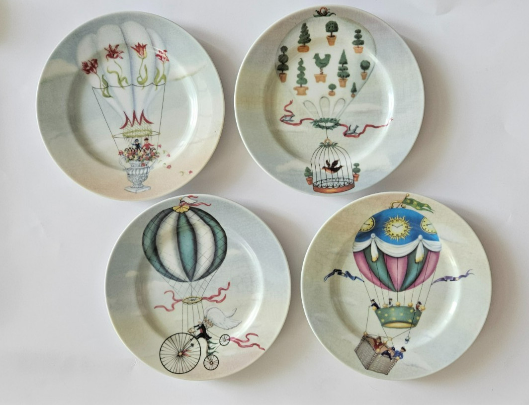 NEW Flying Fantasy by Salisbury Porcelain Hot Air Balloon Motifs Set 4 Plates 8″