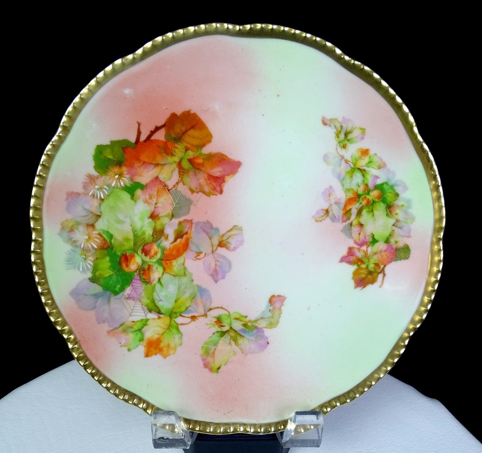 Beyer & Bock Prussia Porcelain Floral Spray Gold Trim 8 1/2″ Cabinet Plate 1905–