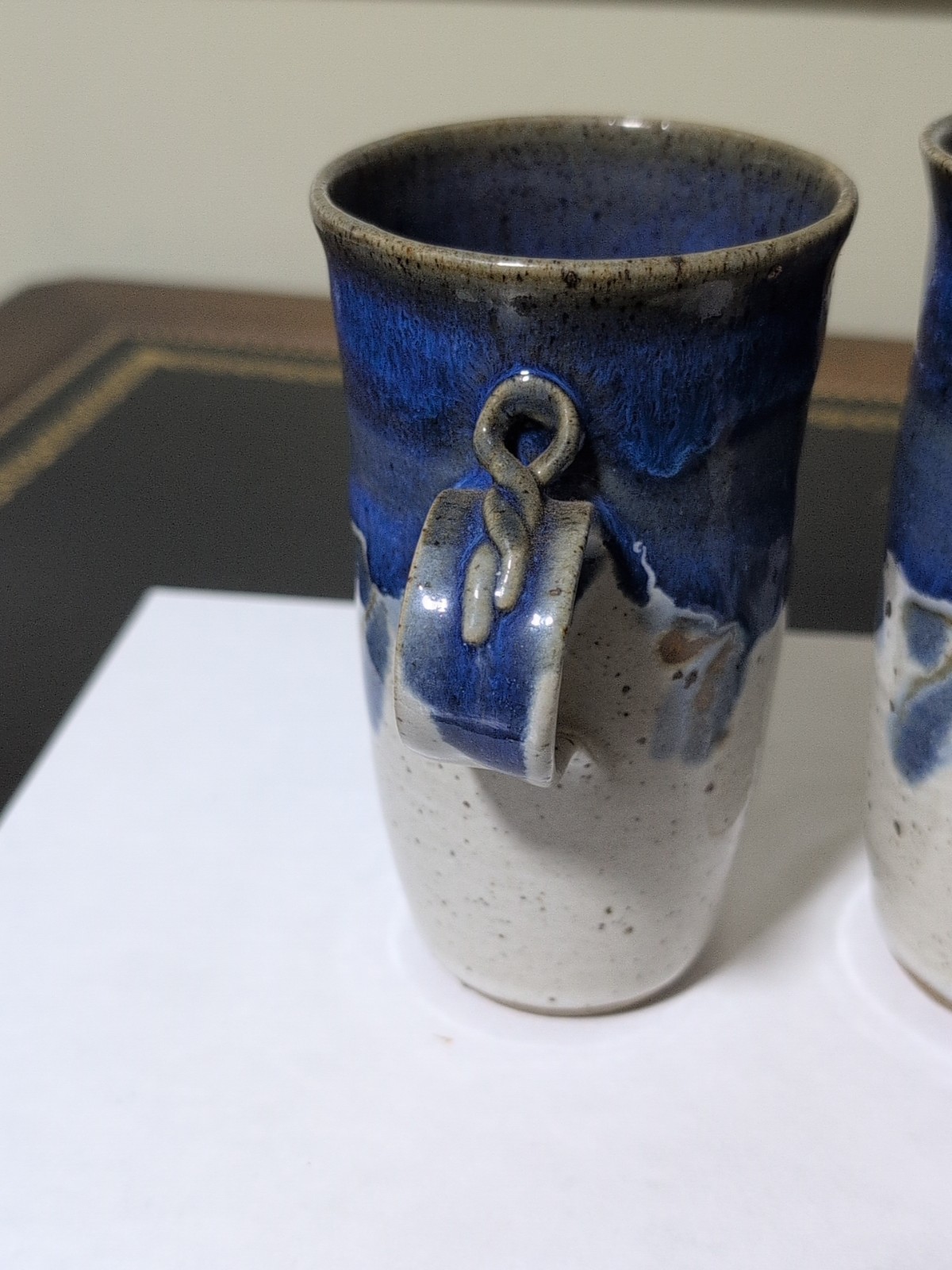 Studio Art Pottery Mugs Blue,Tan, Gray, Signed 1986 Glazed! Lot Of 2