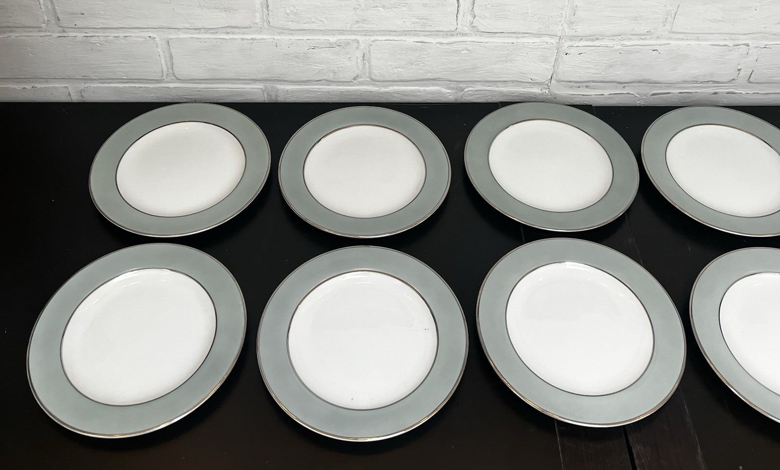 Vintage Sango Japan Sheffield Plates and Saucers Celadon Silver Rim- 22 Pc Lot